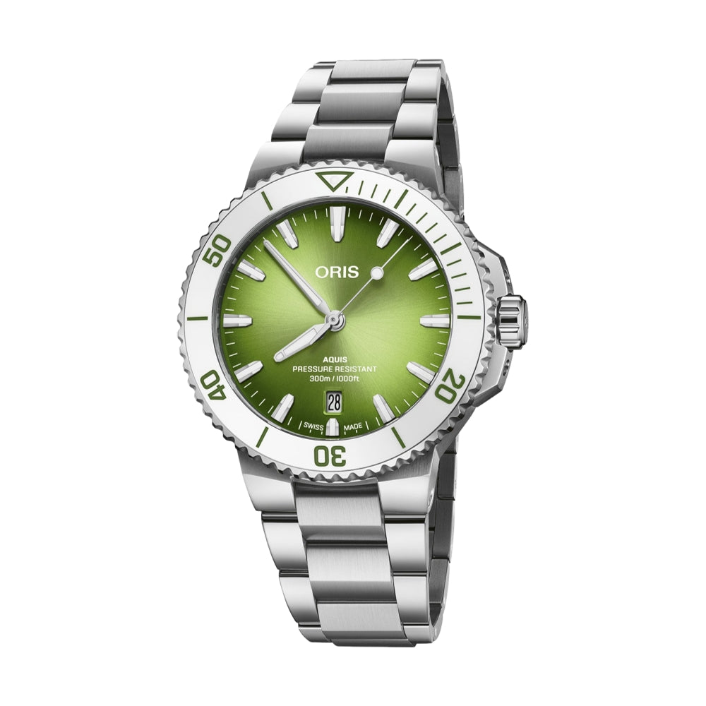 Aquis Date 41.5mm Green Dial Men's Watch with Stainless Steel Bracelet - Perfect for Summer Outings, Beach Vacations & Outdoor Adventures