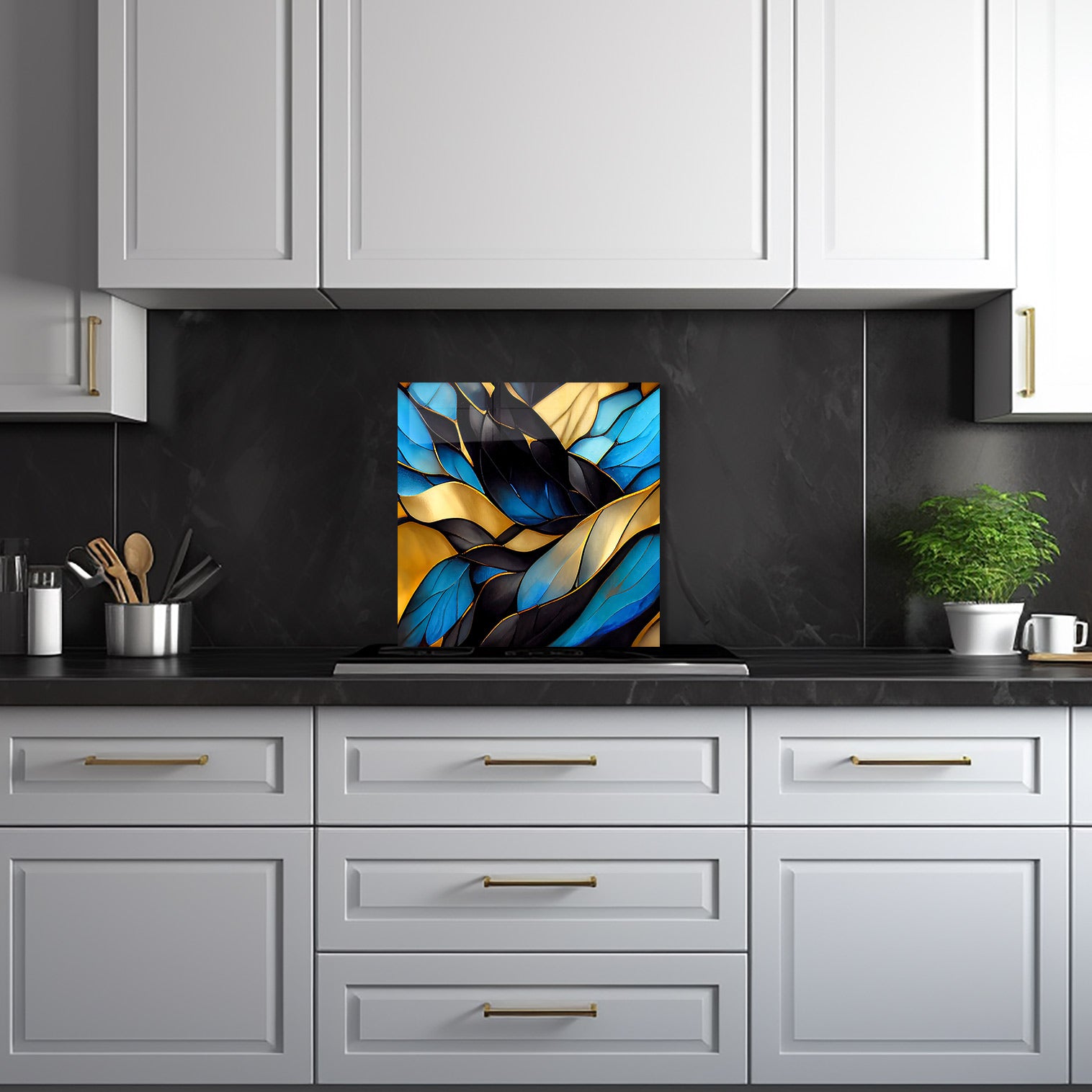 Blue Abstract Waves Glass Splashback - Modern Kitchen Backsplash for Stylish Home Decor | Perfect for Contemporary Kitchens & Bathrooms