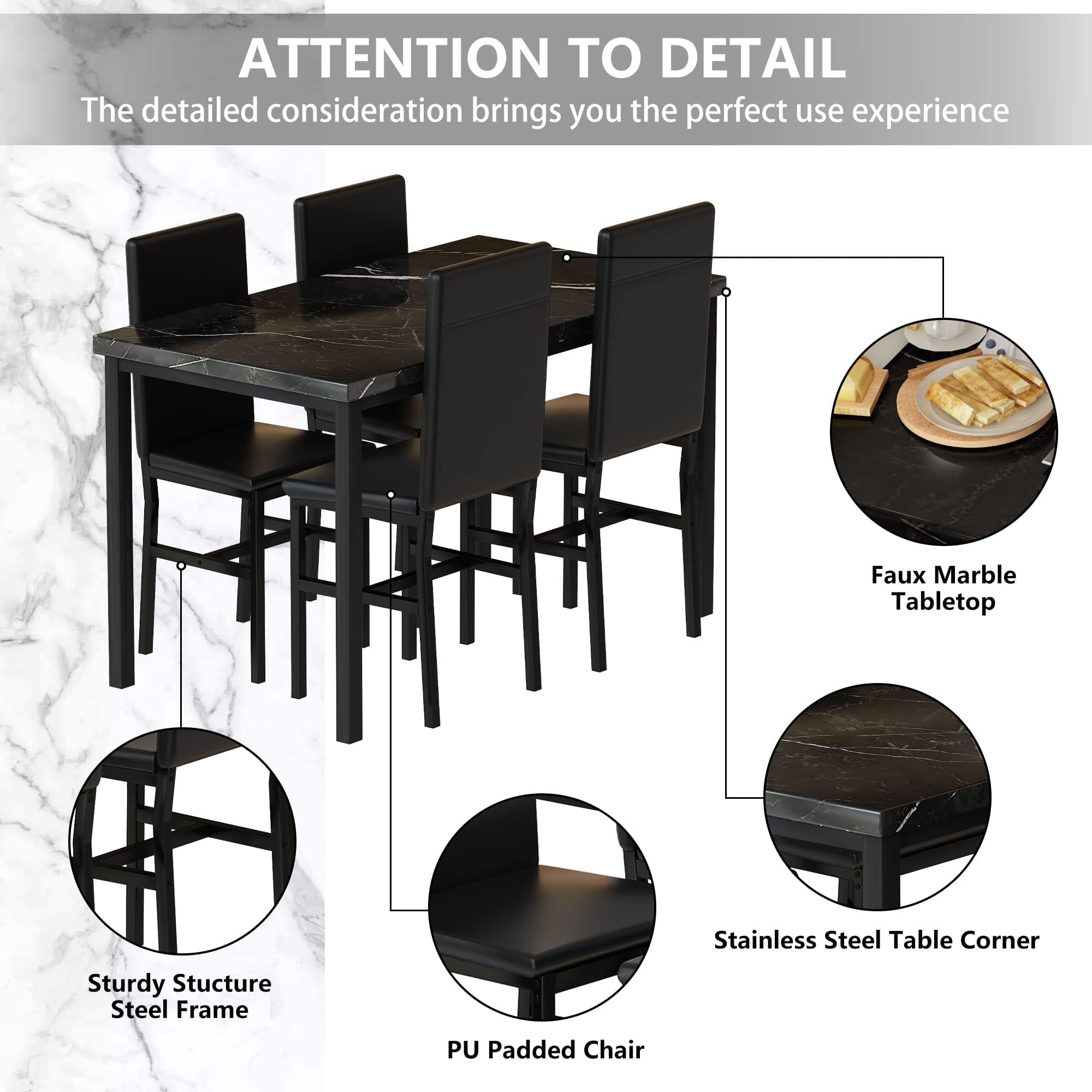 Modern 5-Piece Dining Table Set for 4 - Faux Marble Table & 4 PU Leather Chairs - Space-Saving Kitchen/Dining Room Set for Small Spaces, Apartments, Dinettes - Perfect for Family Meals, Dinner Parties & Compact Living (Black)