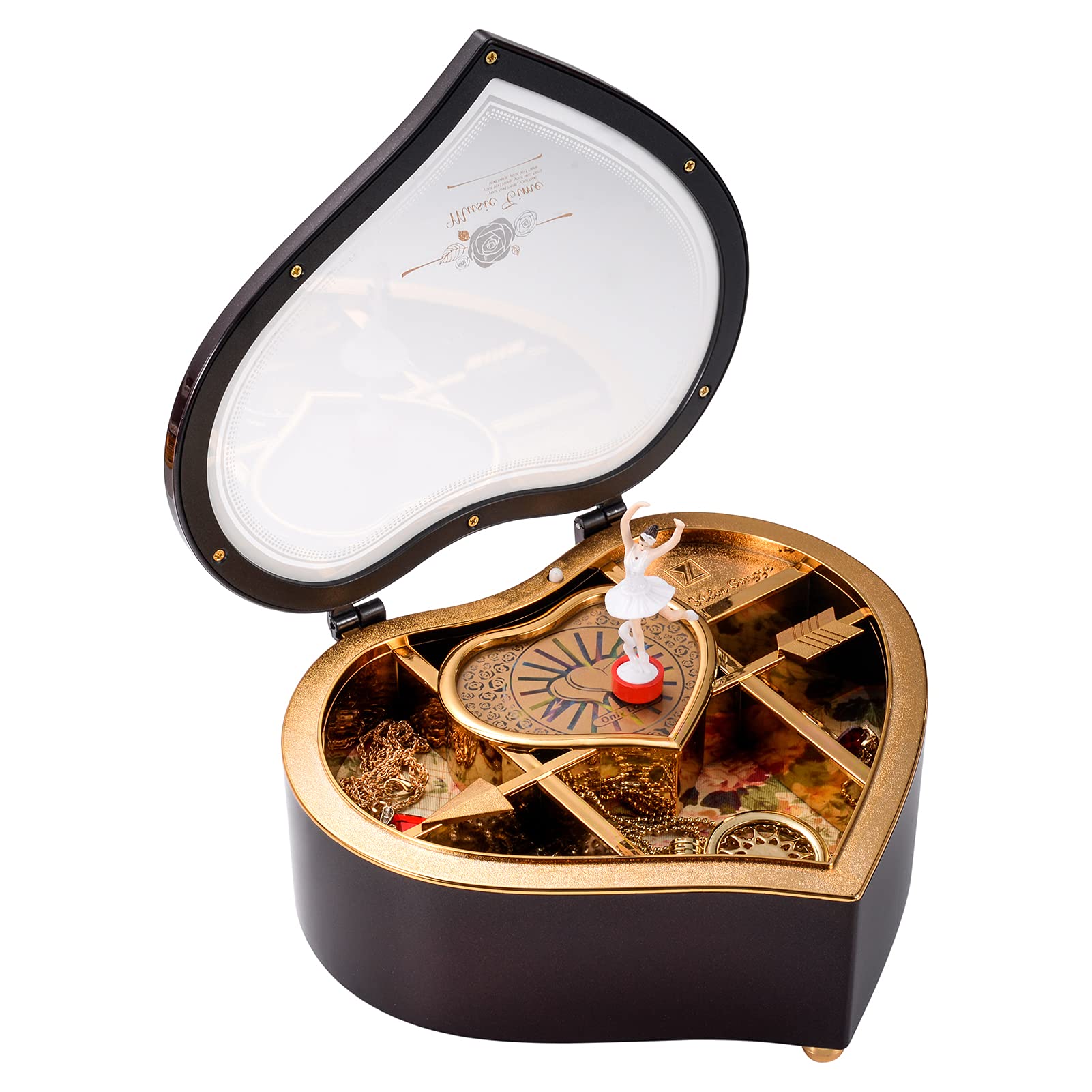 Rainbow Heart Musical Jewelry Box with Dancing Girl - Arrow Design Jewelry Storage Box for Women, Perfect Christmas Gift (Black) | Great for Birthday, Anniversary, Valentine's Day Gifts & Home Decor