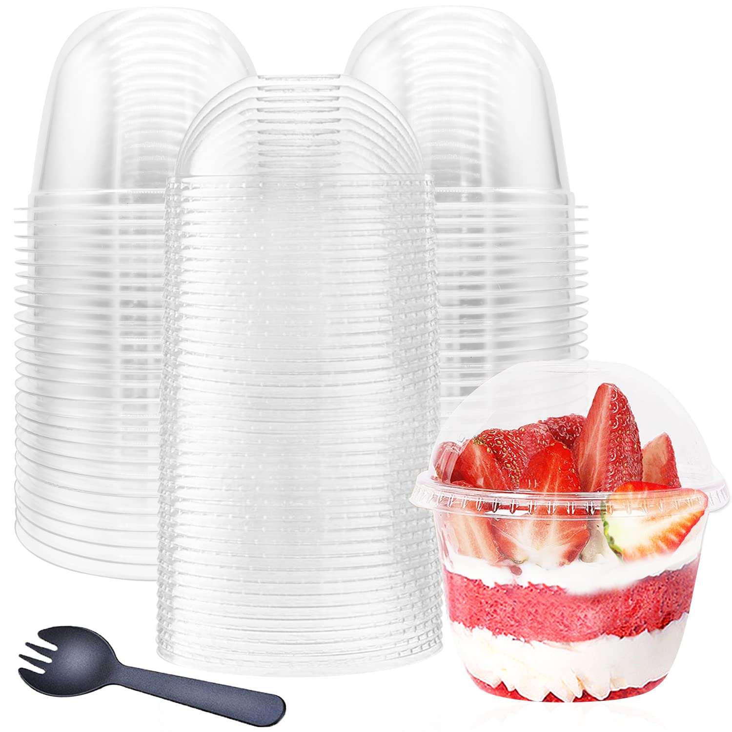 50 Pack 10oz Clear Plastic Cups with Dome Lids & Sporks - Disposable PET Parfait Dessert Cups for Pudding, Ice Cream, Yogurt, Snacks - Perfect for Parties, Catering, and Home Use