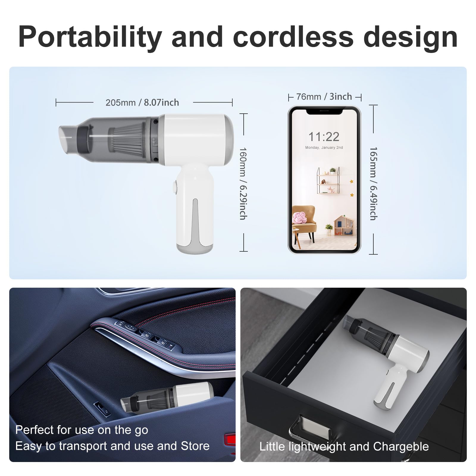 Mini Cordless Car Vacuum Cleaner - 9KPa Powerful Wireless Handheld Vacuum with USB-C Charging | 3-in-1 Portable Vacuum, Air Blower & Pump for Small Spaces | Perfect for Car, Home, Office & Travel Cleaning