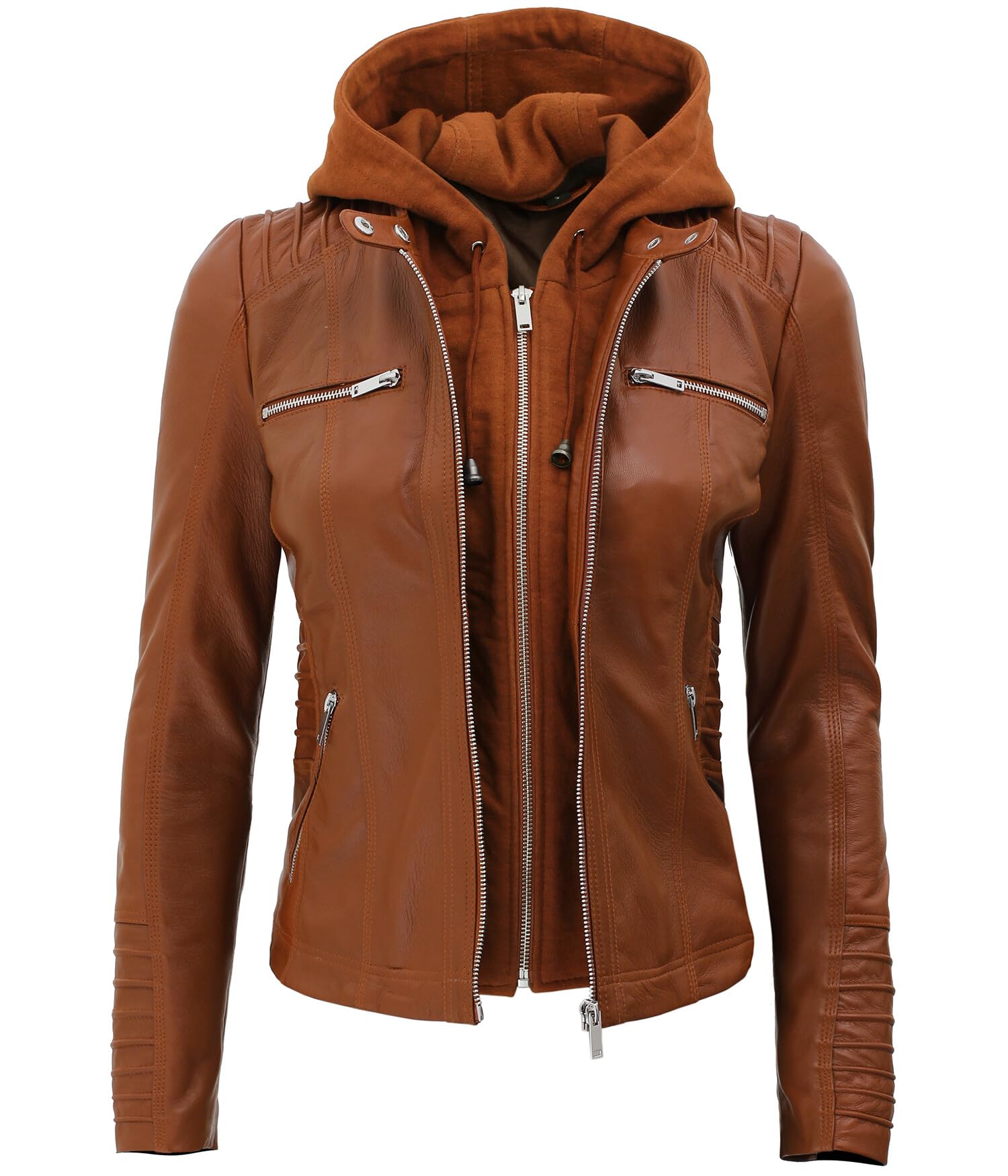 Genuine Lambskin Bomber Jacket for Women - Removable Hood, Stylish & Comfortable Leather Jacket - Perfect for Casual Outfits, Night Outs & Fall Fashion