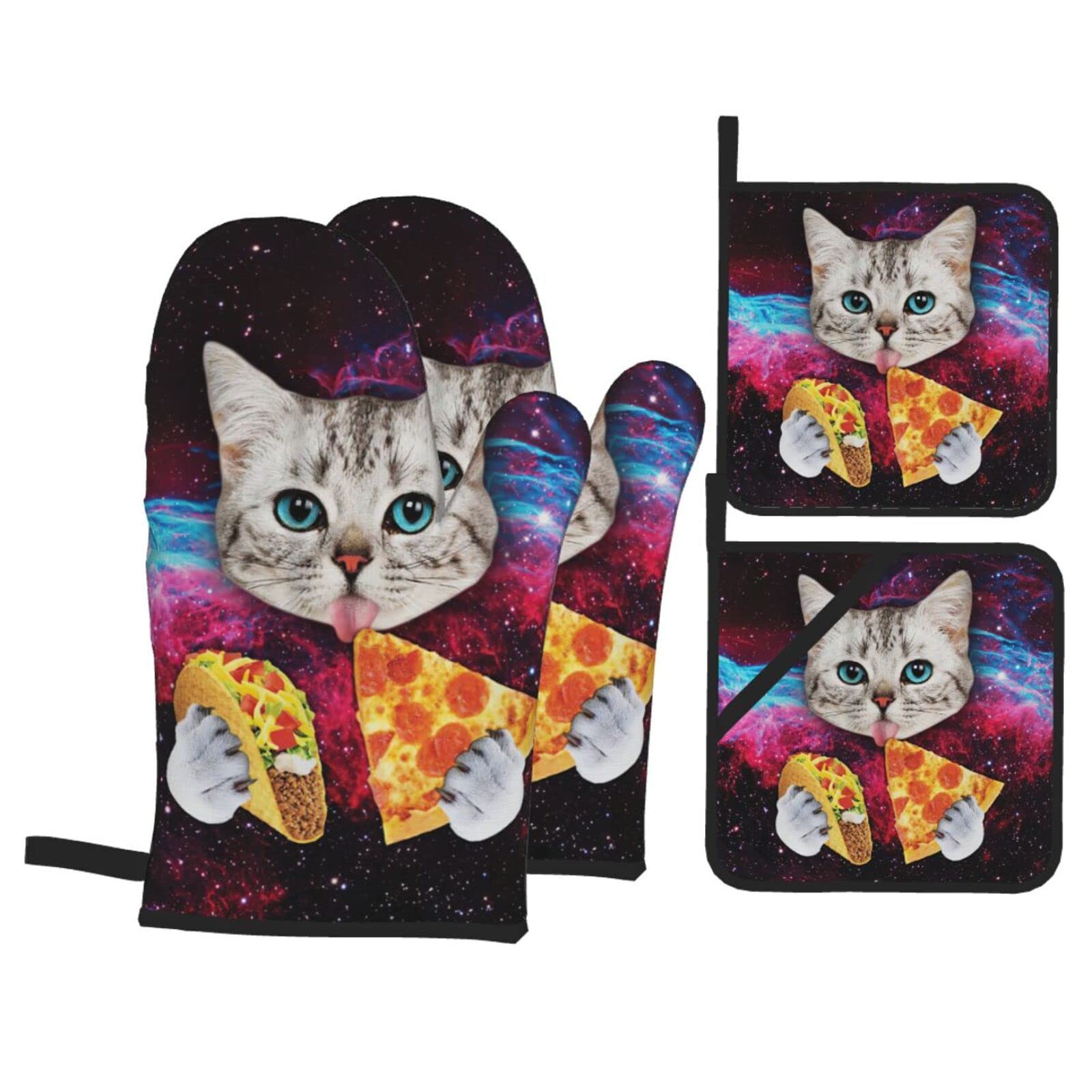 Funny Galaxy Space Cat Taco Pizza Oven Mitts & Heat Resistant Pot Holders - Non-Slip Insulated Cooking Gloves for Kitchen, Baking & BBQ - Perfect for Hot Pans, Grilling & Baking Safety