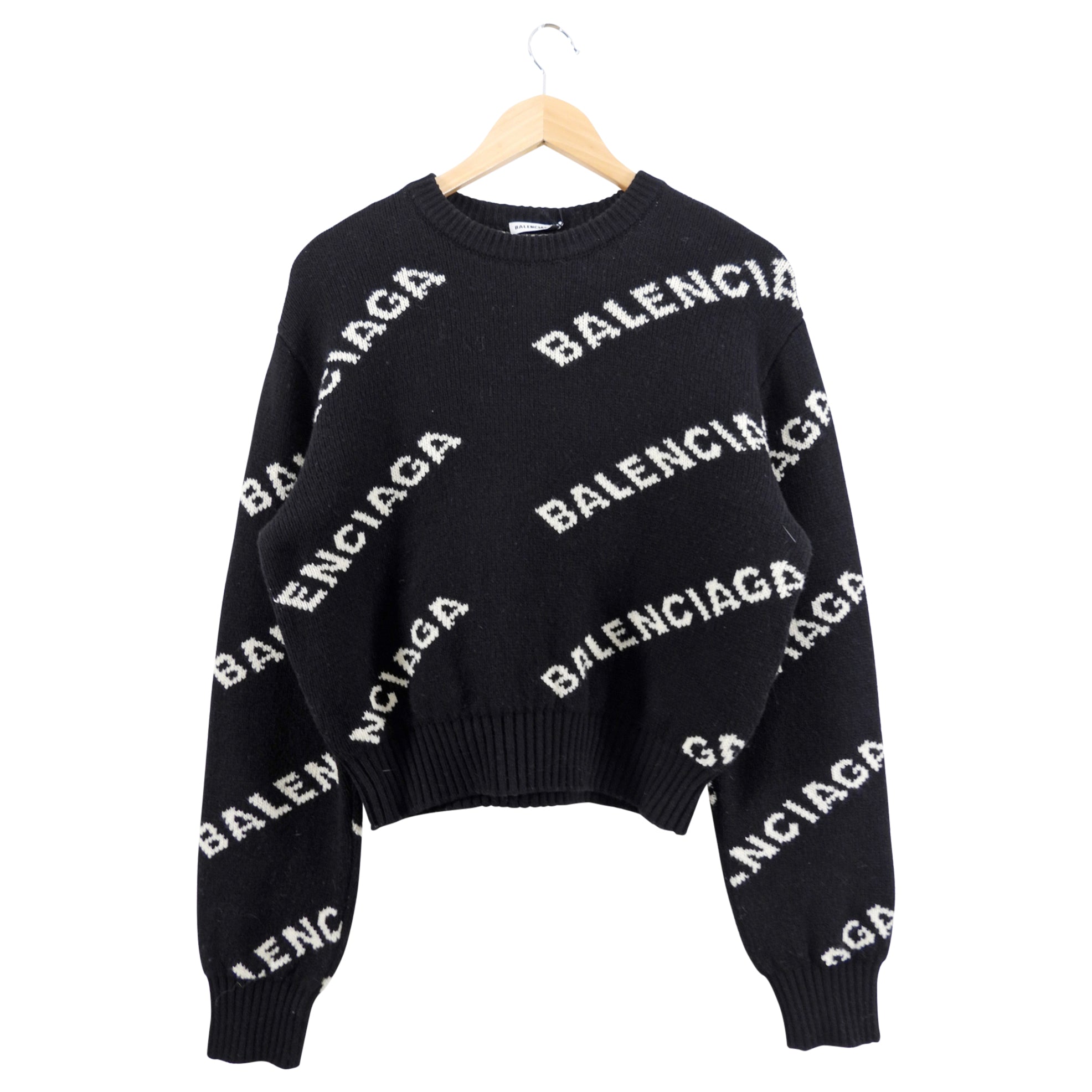 Balenciaga Black & White Knit Logo Crop Sweater for Women - Trendy Streetwear Fashion Top for Casual Outings & Night Out