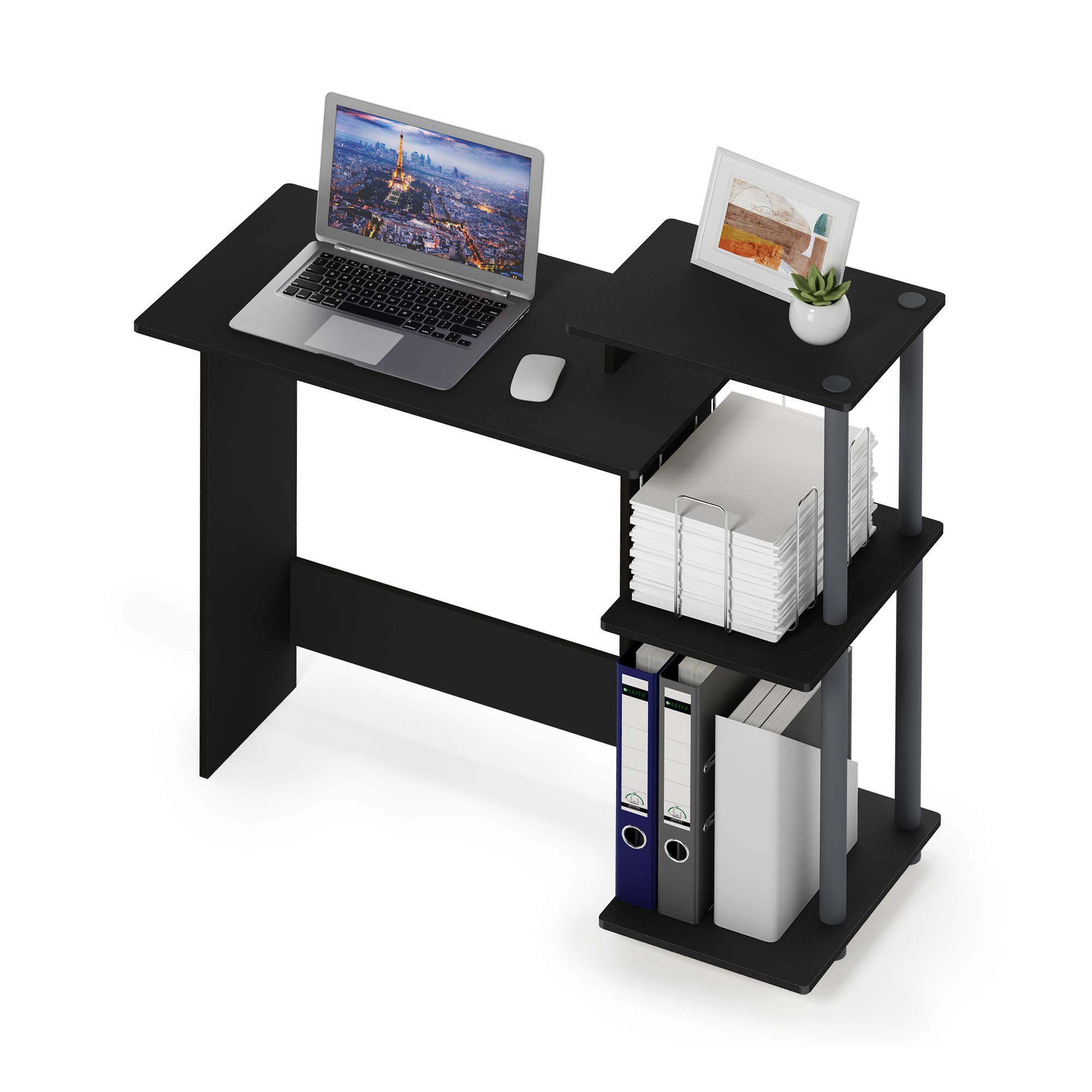 Furinno Compact Home Office Desk with Square Shelves for Laptop & Notebook - Black/Grey - Perfect for Small Spaces, Dorm Rooms & Home Offices