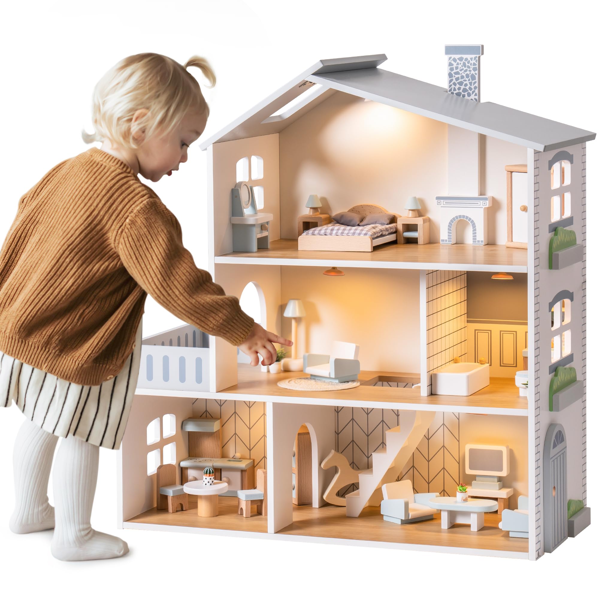 ROBOTIME Wooden Dollhouse with 29 Pieces of Furniture - 6 Room Miniature House for 4-6 Inch Dolls - Creative Gift for Kids Ages 3+ - Perfect for Pretend Play, Birthday Gifts & Home Decor