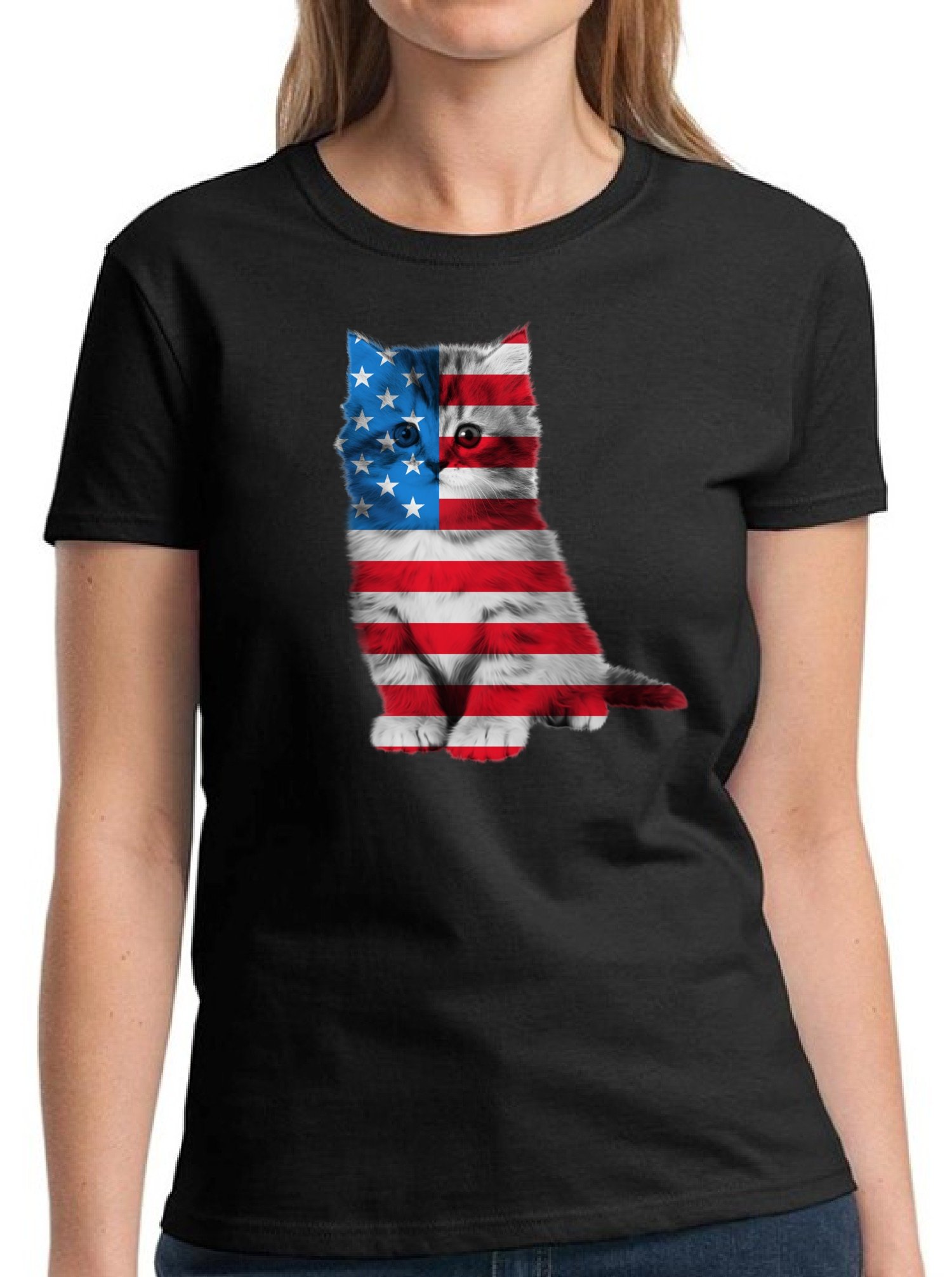 American Cat Lovers Women's T-Shirt | USA Flag Graphic Tee for Women | Casual Wear, Gifts for Cat Owners, Pet Lover Outfit