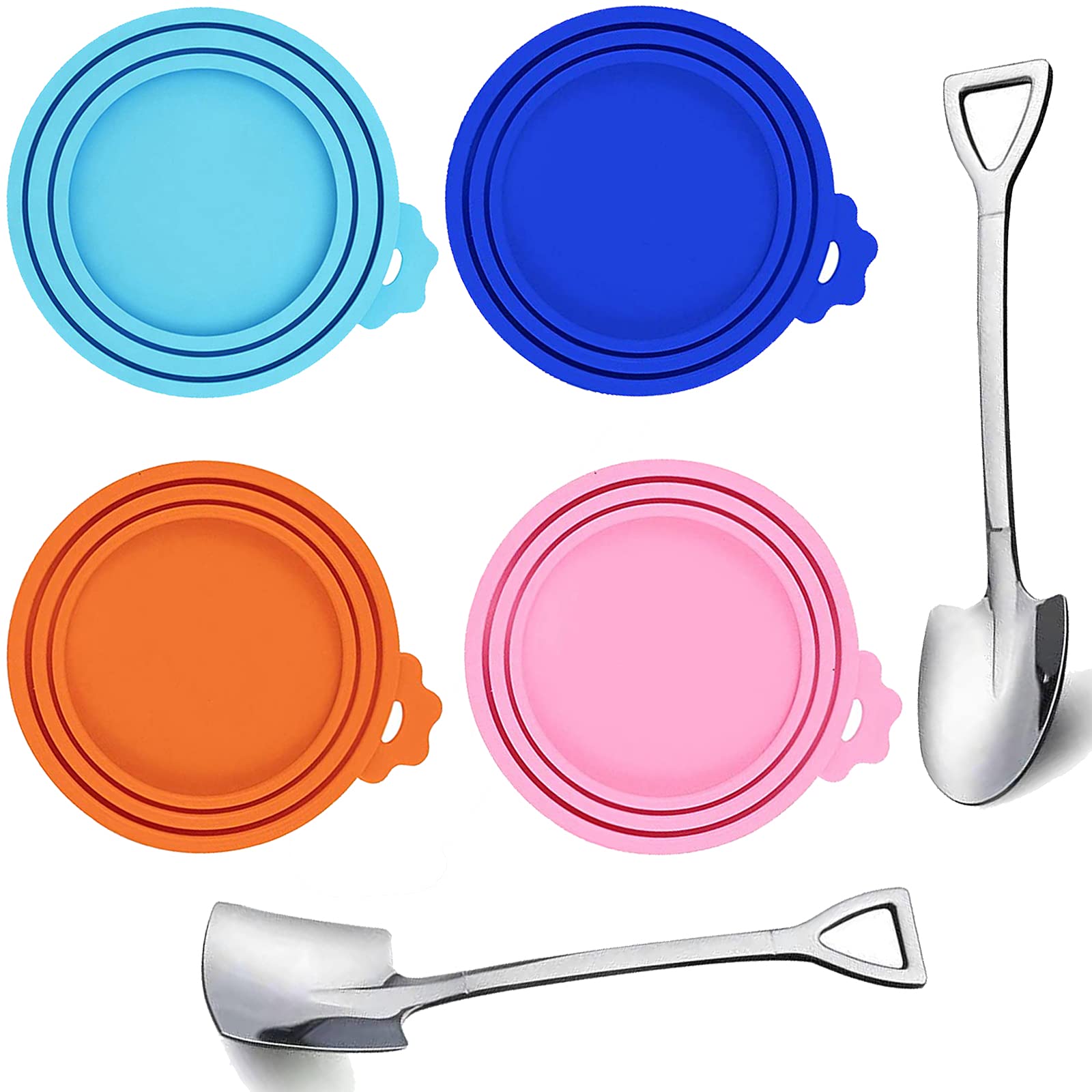 WOHENI Silicone Pet Food Can Lids (4 Pack) & Stainless Steel Pet Food Spoons (2 Pack) - Universal Canned Food Cover for Dogs & Cats - Fits Most Standard Size Pet Food Cans - Airtight Seal for Freshness - Perfect for Home, Travel & Storage Use