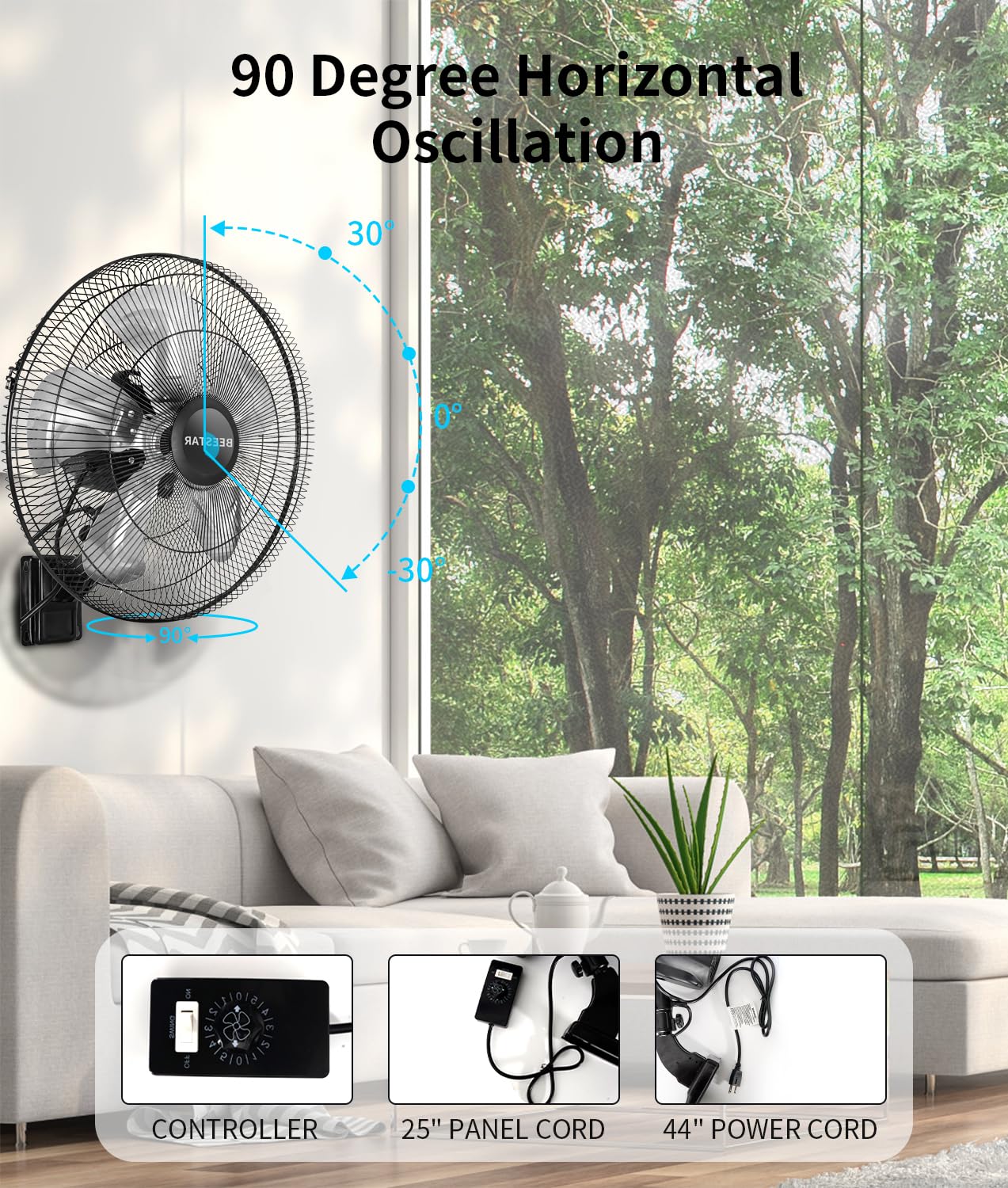 BEESTAR 18 Inch High Velocity Wall Mount Fan - 5 Speed Industrial Fan with 90° Horizontal Oscillation, Heavy Duty Metal Construction for Warehouse, Greenhouse, Basement & Workshop Cooling | Perfect for Large Spaces, Ventilation & Air Circulation