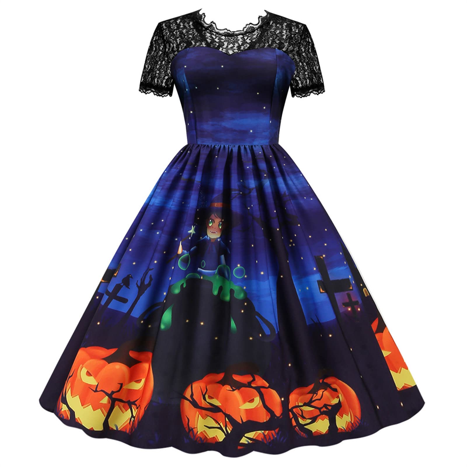 Vintage 1950s Housewife Costume - Women's Halloween Lace Short Sleeve Party Dress for Evening Prom, Retro Casual Spring Dresses | Perfect for Halloween Parties, Cosplay Events, Vintage Themed Gatherings and Retro Fashion Lovers
