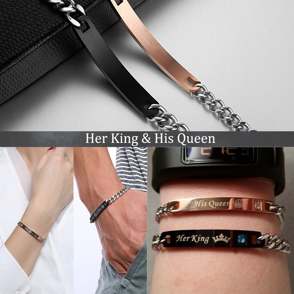 King Queen Couple Bracelets - Engraved Crown Stainless Steel Adjustable Bracelet Set in Rose Gold & Black for Him & Her - Romantic Gift for Wife, Husband, Anniversary, Valentine's Day