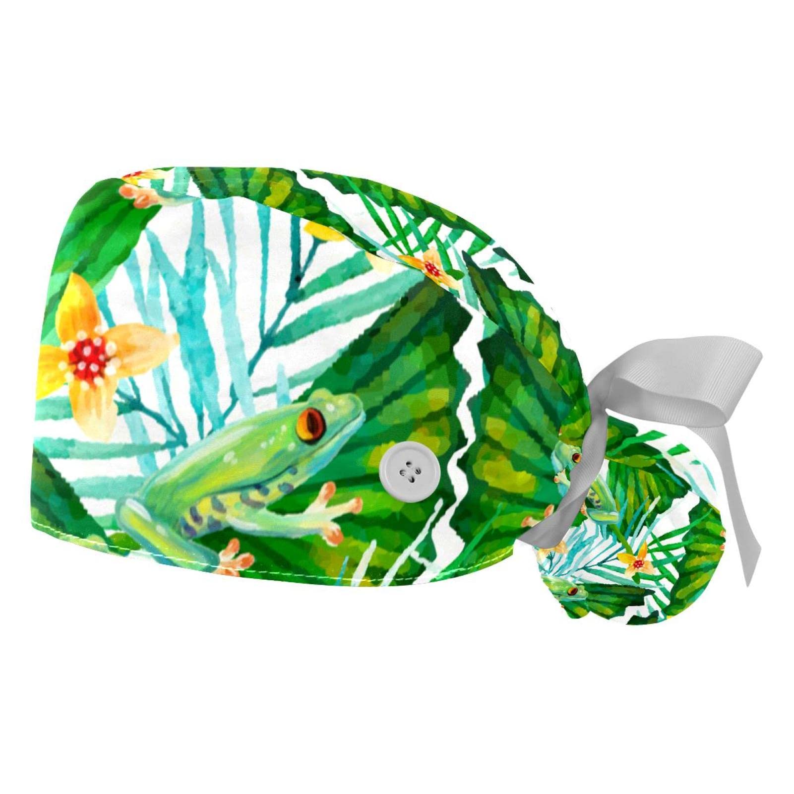 Flamingo Print Green Surgical Scrub Hats for Women & Men - 2 Pack Unisex Tie Back Working Caps with Button & Sweatband for Long Hair - Perfect for Nurses, Doctors, Surgeons & Healthcare Professionals in Hospitals & Clinics