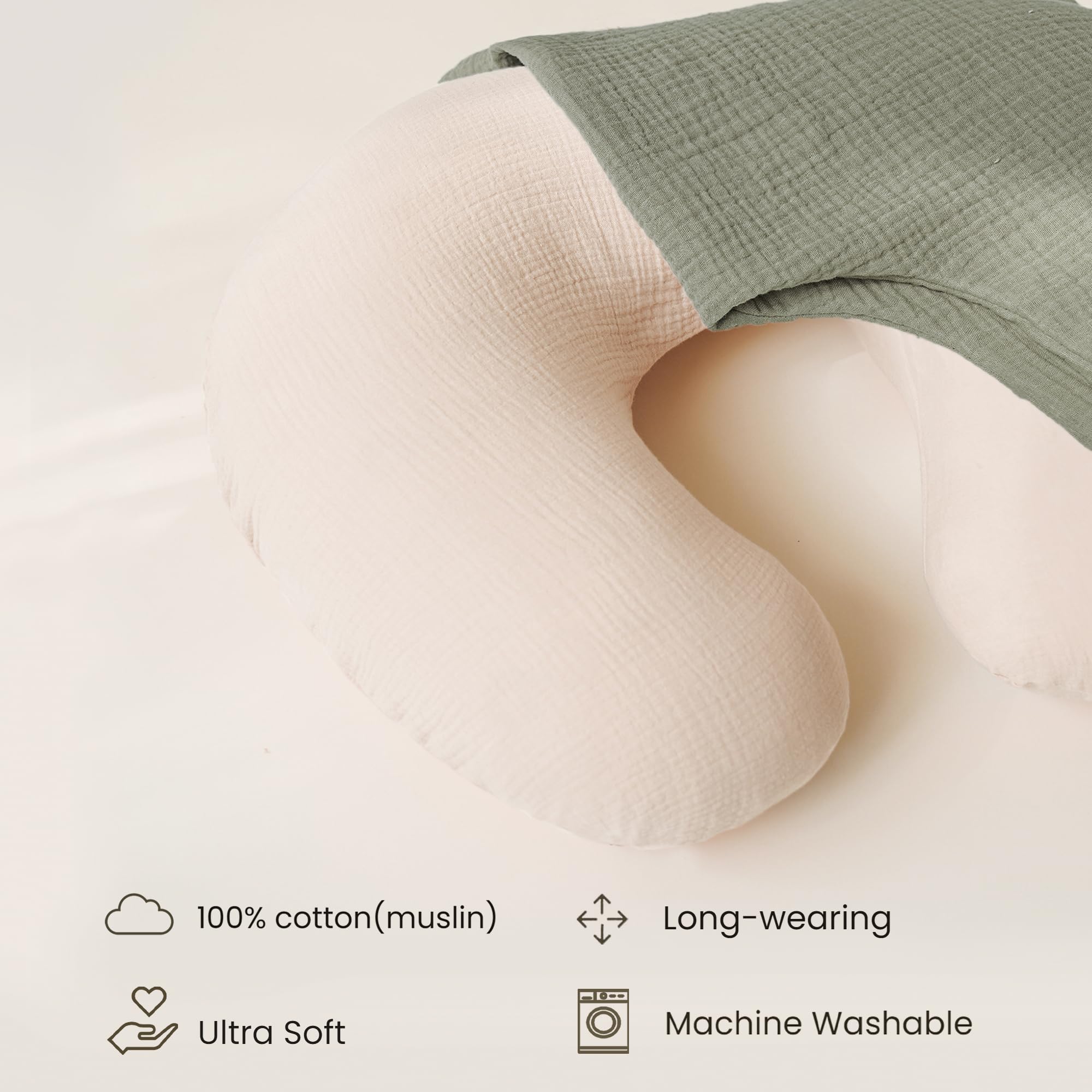 Konssy Muslin Nursing Pillow Covers - Soft & Breathable Breastfeeding Pillow Covers for Newborns (2 Pack, Fog Green & Cream) | Perfect for Nursing, Baby Shower Gifts & Nursery Decor
