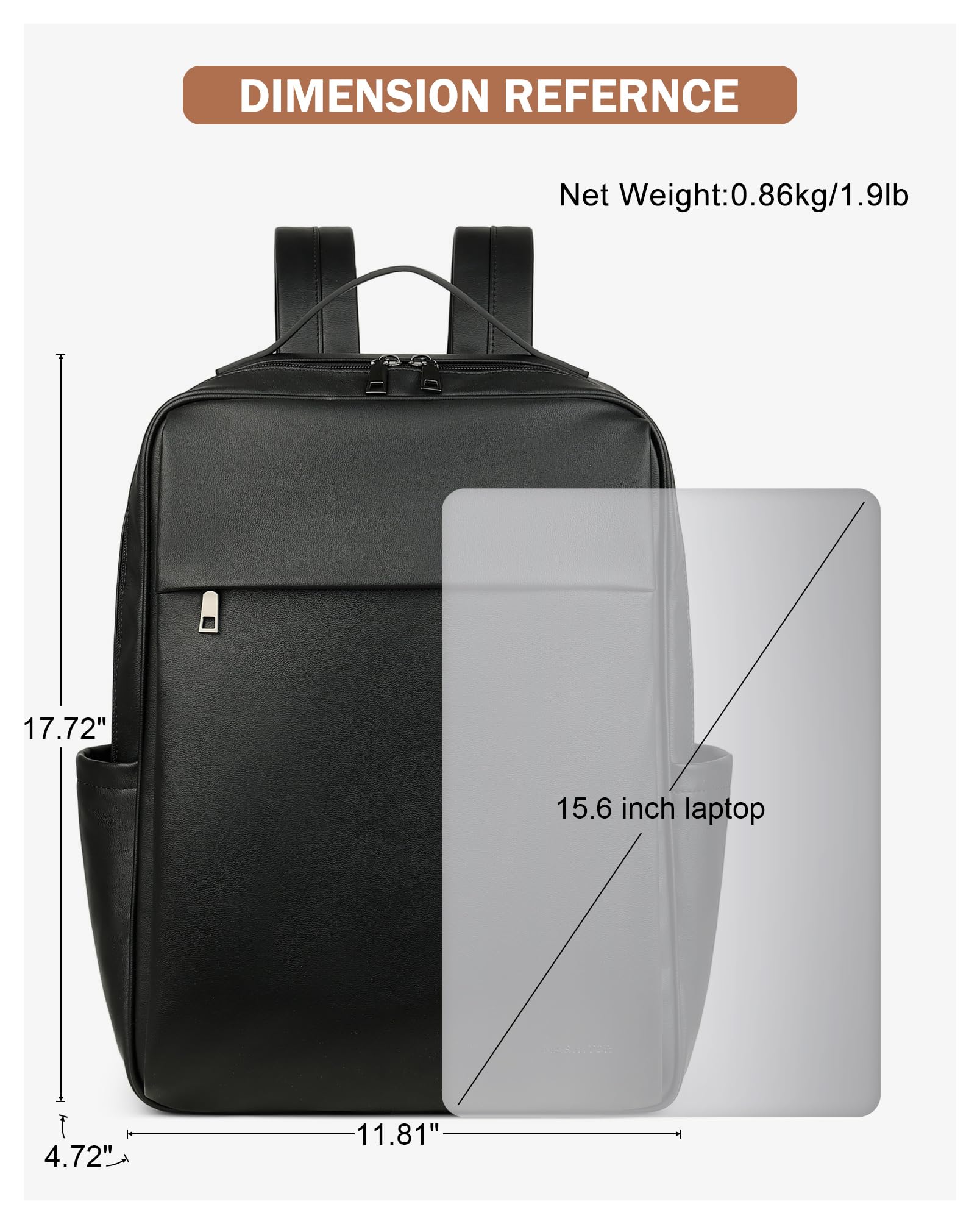MASINTOR 15.6 Inch Women's PU Leather Laptop Backpack - Large College School Bag, Travel Backpack for Work & Commuting - Stylish Black Casual Purse for Daily Use, Business Trips & Campus Life