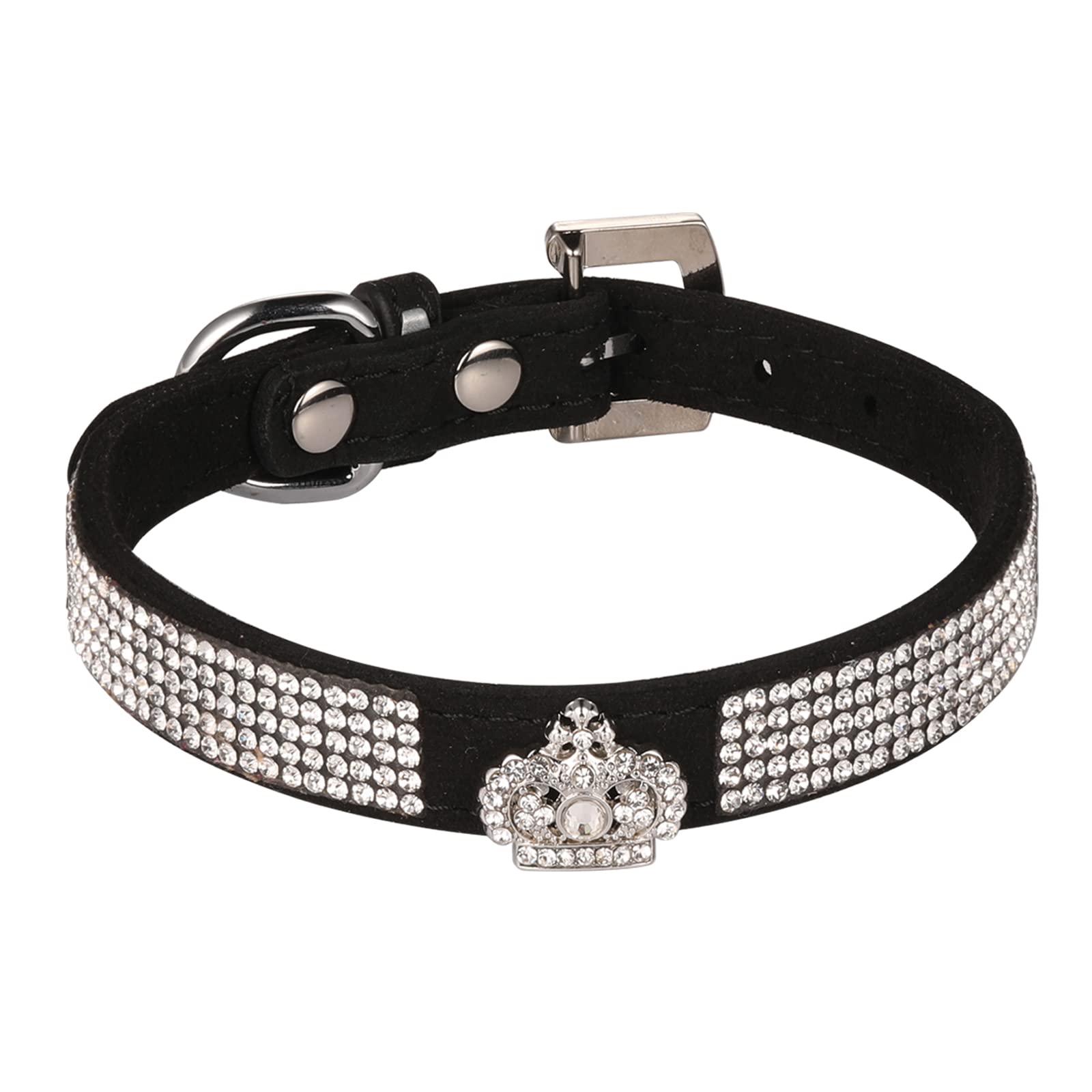 Luxury Sparkly Silver Buckle Rhinestone Crown Velvet Leather Pet Collar for Small Dogs & Cats - Elegant Bling Diamond Decoration for Puppies & Kittens (Size S, Black) | Perfect for Daily Walks, Grooming & Special Occasions