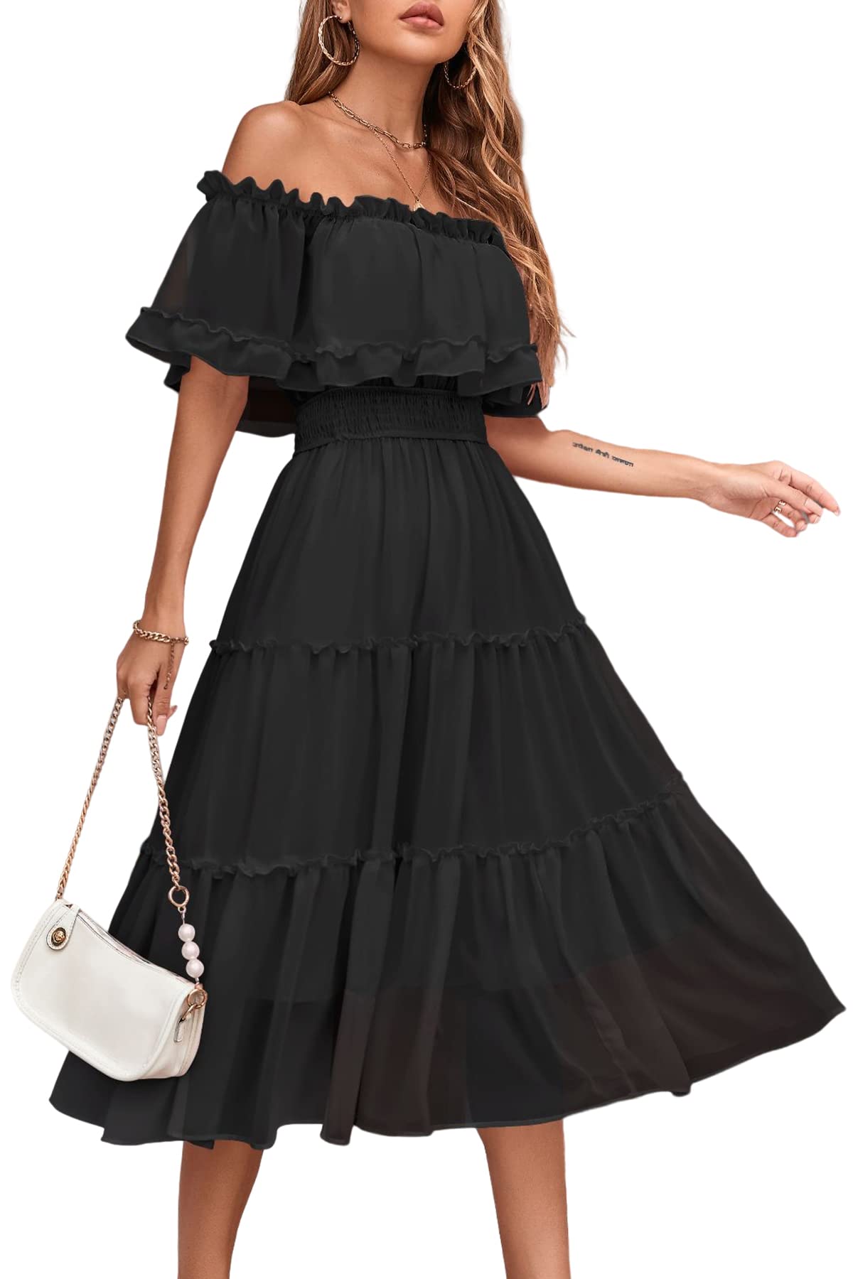 MAXVIGOR Women's Off Shoulder Ruffle Midi Dress - Flowy A-Line Cocktail Party Dress for Wedding Guest, Summer Vacation & Date Night