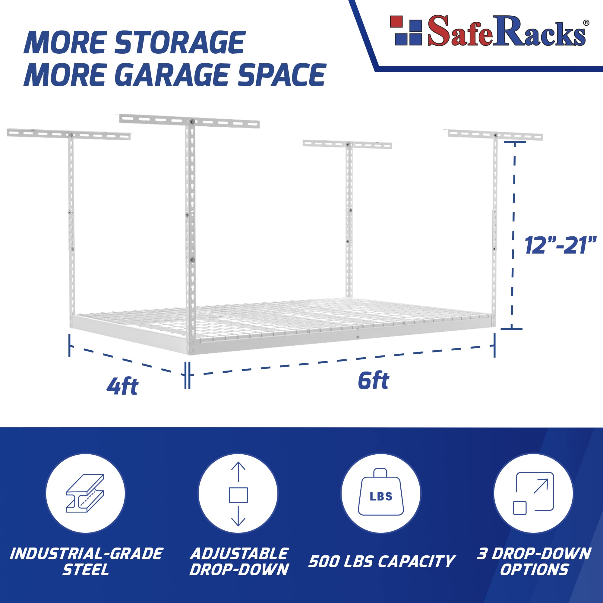 SafeRacks 4x6 Overhead Garage Storage Rack - Heavy Duty Adjustable Steel Shelving for Garage Organization - 500 lb Capacity (White, 12