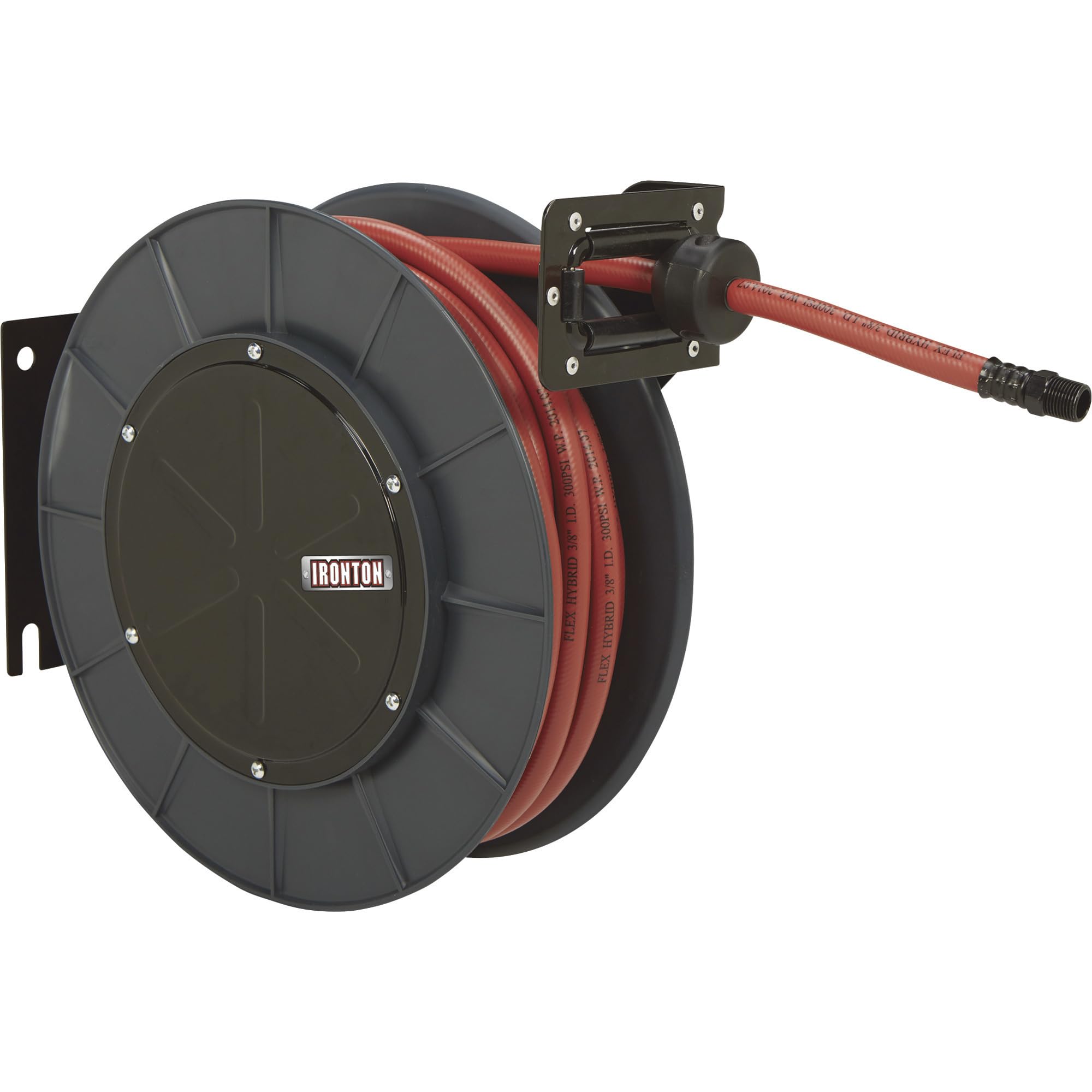 Ironton Auto Rewind Air Hose Reel with 3/8in. x 50ft. Hybrid Polymer Hose - 300 PSI Max Pressure for Garage, Workshop & Automotive Use
