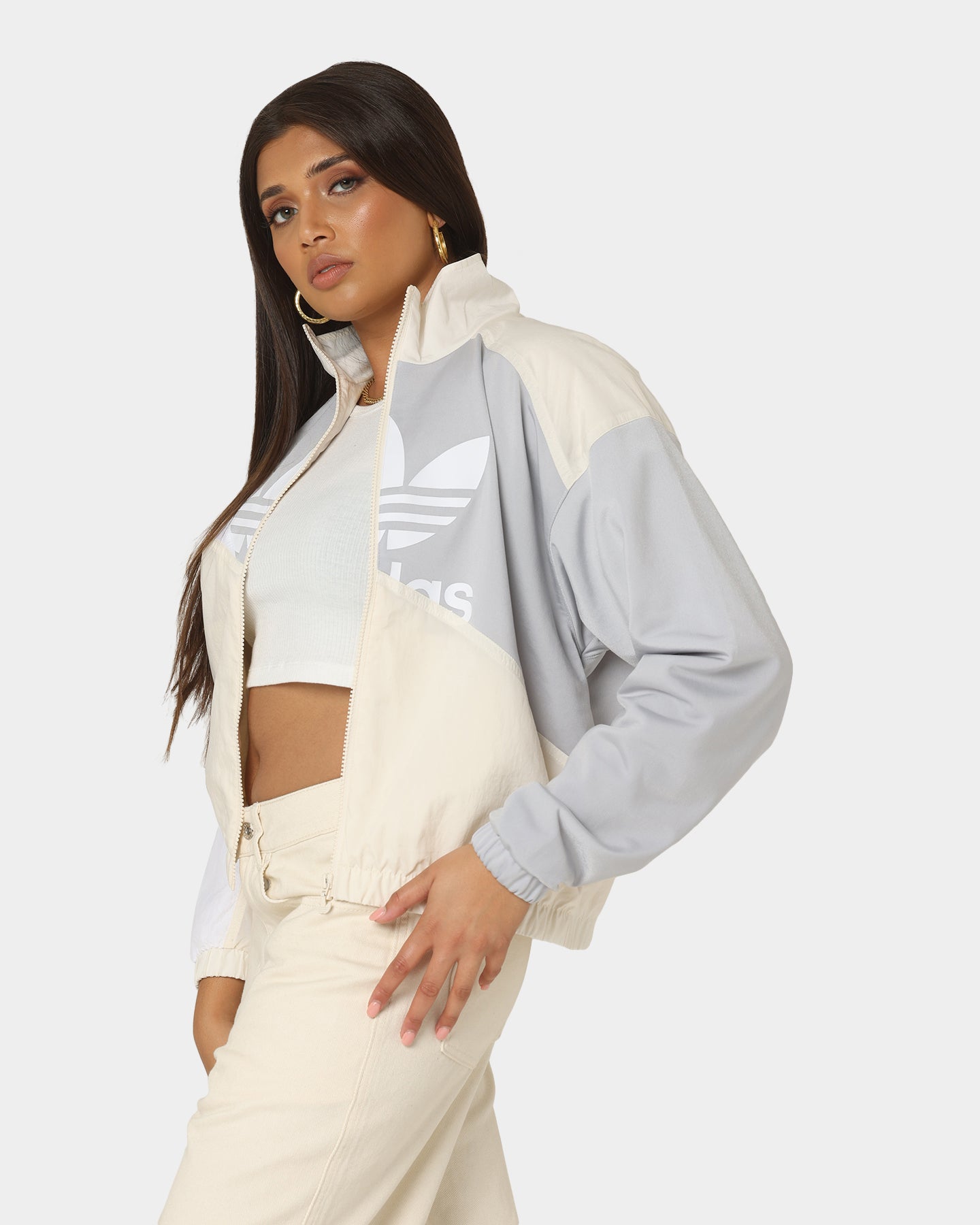 Adidas Women's Adicolor Split Trefoil Track Windbreaker Jacket - Wonder White | Lightweight Running & Training Outerwear for Women