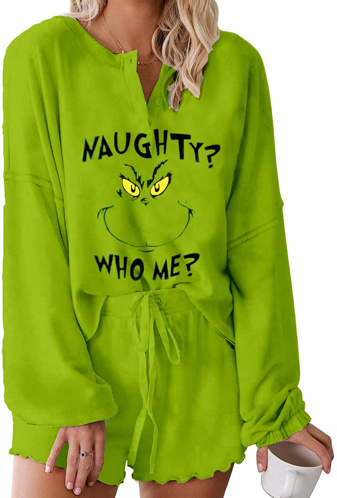 Women's Cute Peeps Printed Easter Bunny Pajama Set - Ruffle Long Sleeve Top & Shorts for Spring Sleepwear, Holiday Pajamas & Easter Gifts