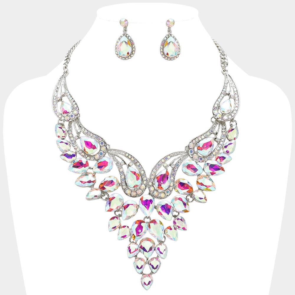 Elegant AB Teardrop Crystal Statement Necklace Set for Women | Evening Party Jewelry | Perfect for Weddings, Prom, and Special Occasions