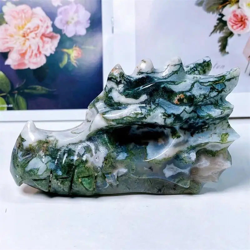 10CM Natural Moss Agate Dragon Skull Carved Crystal Statue - Healing Crystal for Feng Shui, Reiki Energy, Home & Office Decor - Unique Spiritual Gift for Meditation & Yoga Spaces