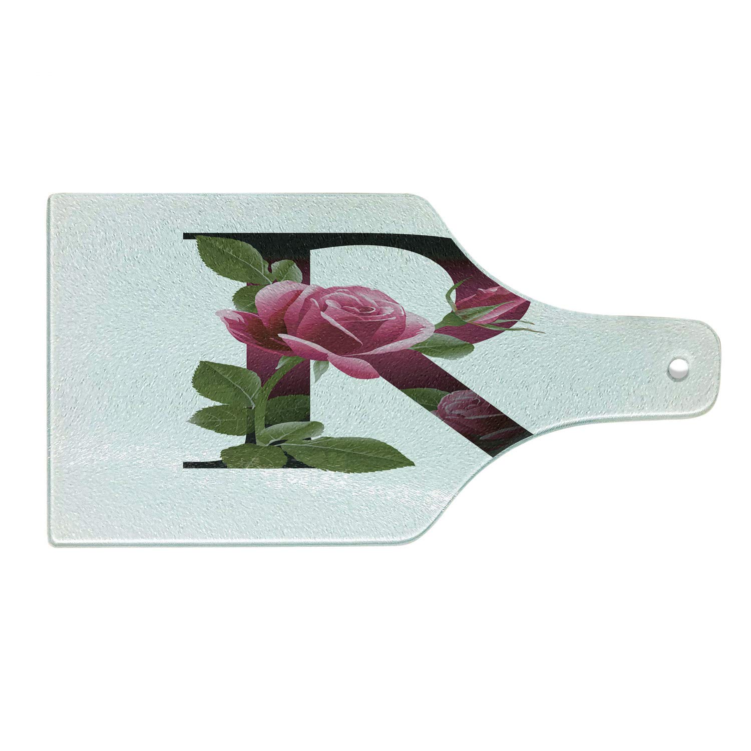 Ambesonne Letter R Cutting Board - Rose Flower & Nature Inspired Alphabet Design, Decorative Tempered Glass Serving Board for Cheese, Charcuterie & Wine - Pink, Green & White Kitchen Gift for Housewarming & Bridal Shower