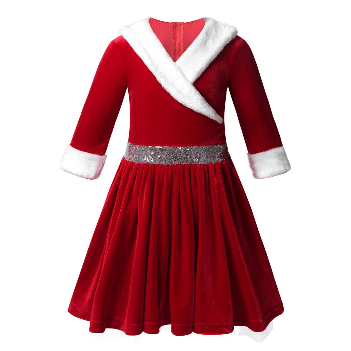 Kids Girls Long Sleeve Faux Fur Velvet Christmas Costume Ice Figure Skating Twirling Dress Dancewear - Holiday Party, Winter Performance, Recital Outfit