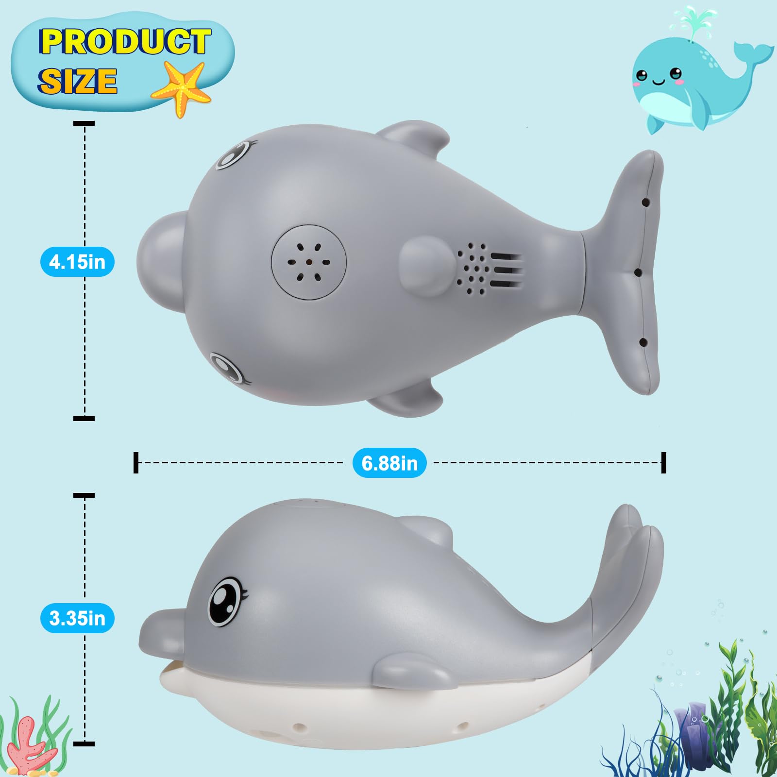 Rechargeable Light Up Dolphin Bath Toys for Babies & Toddlers 6-18 Months - Musical Sprinkler Bathtub Toys for Boys & Girls 1-4 Years - Perfect Easter Basket Stuffers & Sensory Play for Infants (Grey)