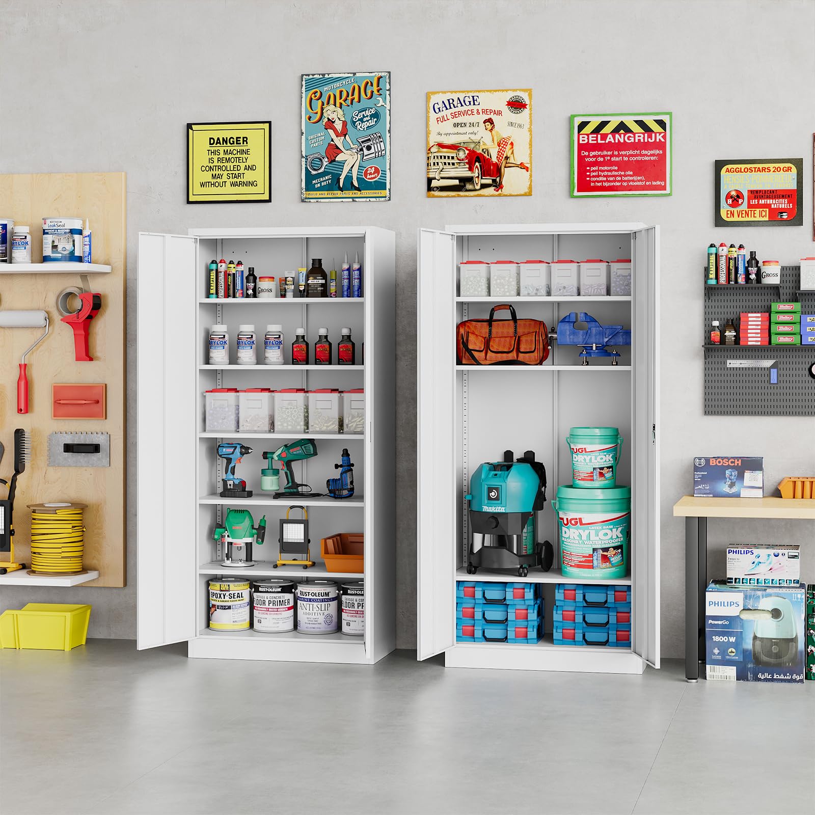 Metal Garage Storage Cabinet with Lock, Adjustable Shelves & Doors - Heavy Duty Tool Organizer for Home, Office, Gym, Warehouse (White) | Perfect for Workshop Organization & Equipment Storage