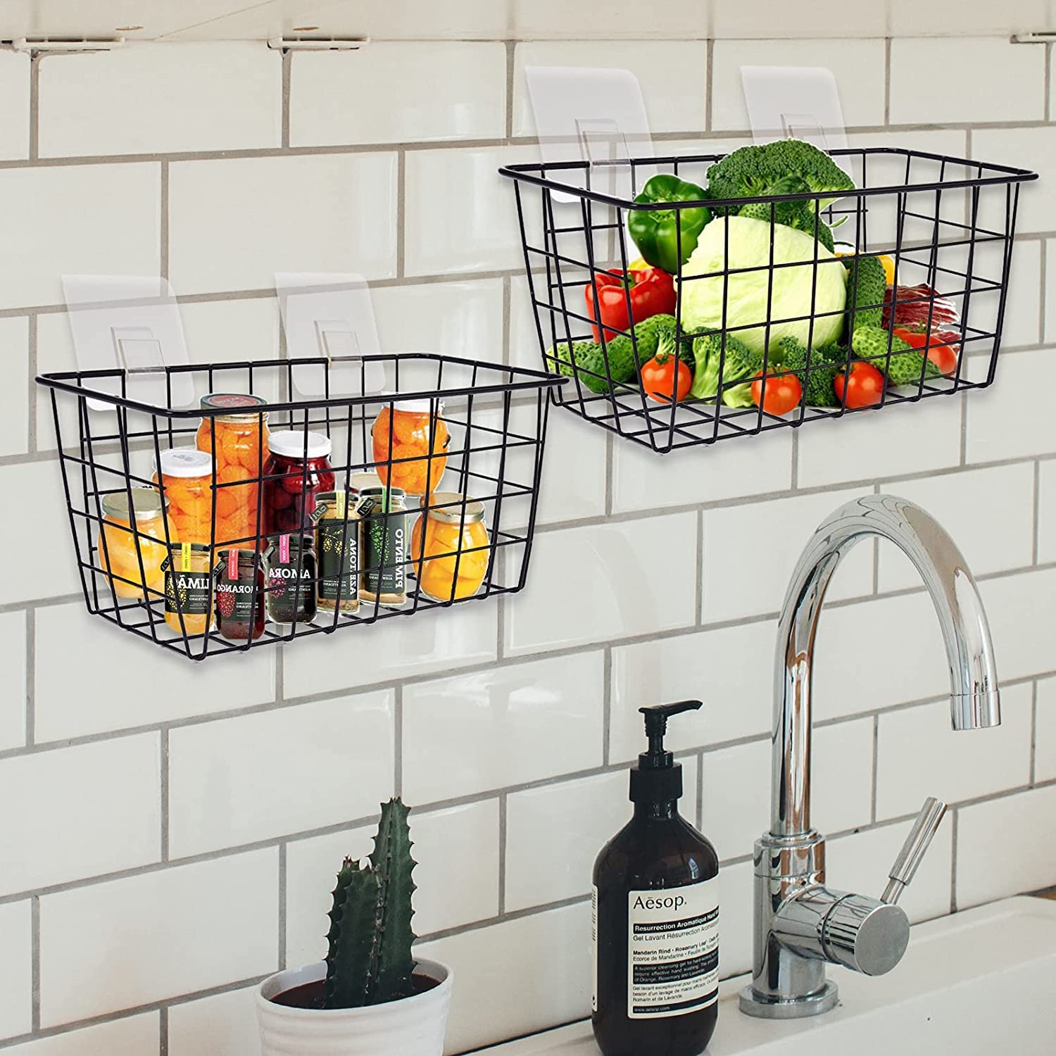 3-Pack Metal Wire Baskets for Bathroom, Pantry & Home Organization - No Drilling Wall Hanging Baskets with Strong Adhesive | Perfect for Spice Storage, Makeup Organizer & Small Item Storage
