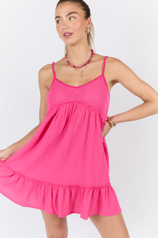 Sunny Day Stroll Pink Waffle & Gauze Mini Dress - Summer Casual Sleeveless Flowy Dress for Women | Perfect for Beach Vacation, Brunch Dates & Outdoor Parties
