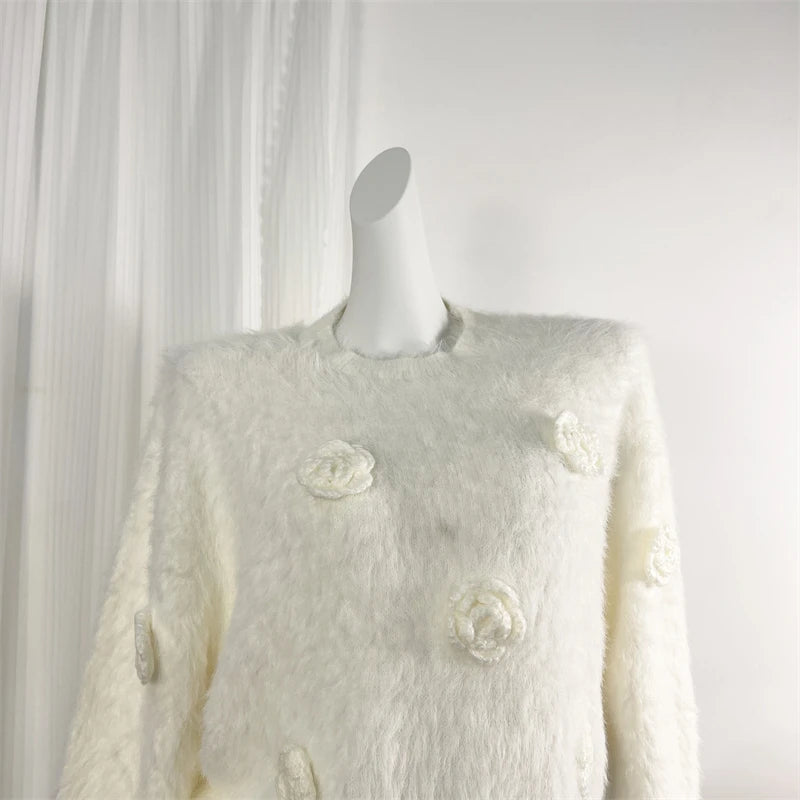 Women's White Mink Flower Embroidered Knit Sweater - Retro Round Neck Long Sleeve Pullover for Autumn Winter | Cozy Vacation Outfit, Casual Wear & Holiday Fashion