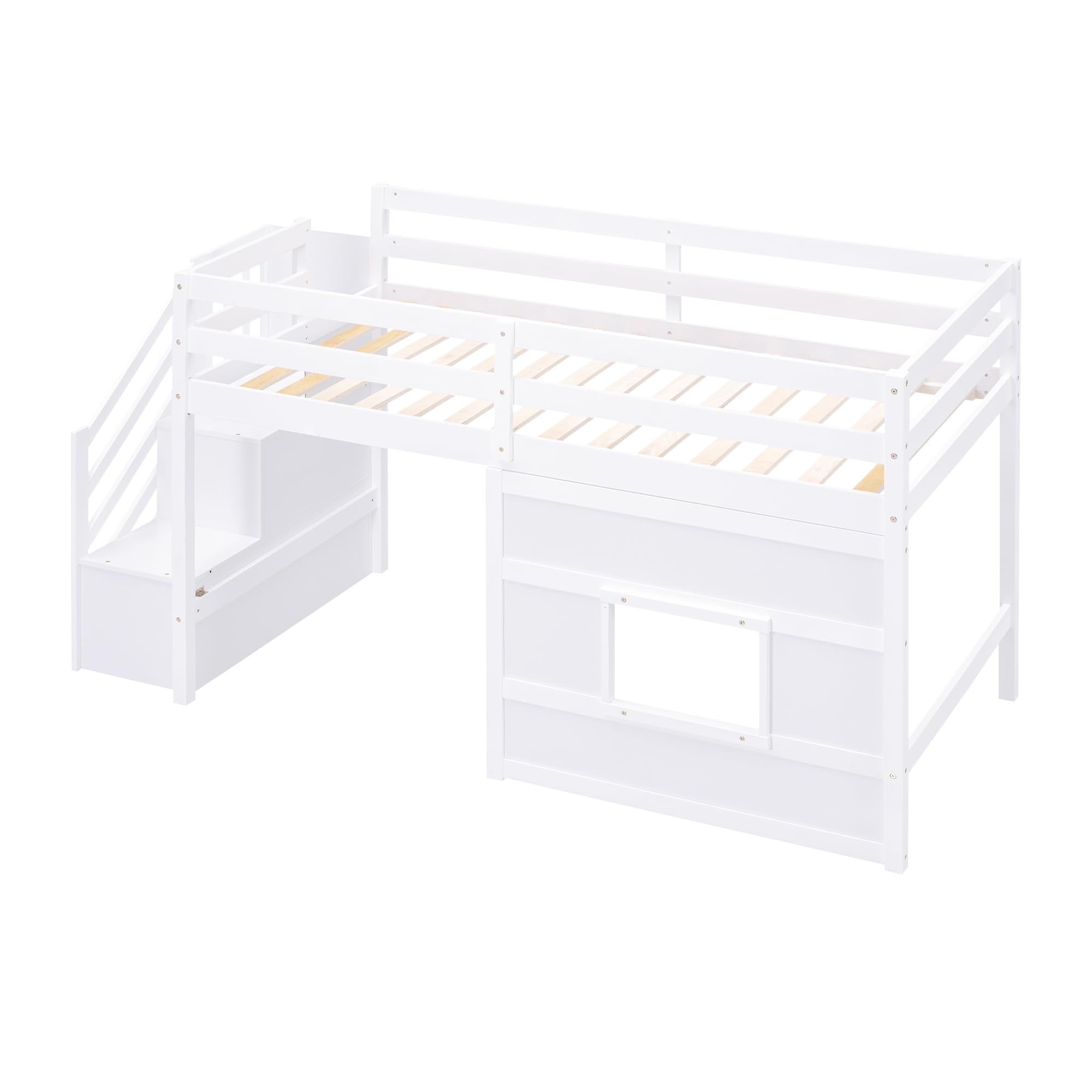Bellemave Twin Size Low Loft Bed for Kids with Storage Staircase & Window - Sturdy Wooden Bed Frame for Teens, Boys & Girls - Space-Saving Kids Room Furniture for Small Bedrooms, Dorms & Playrooms (White)