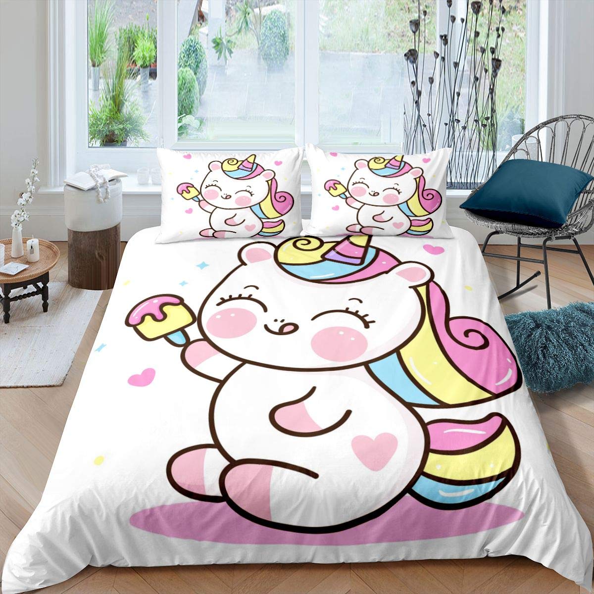 **Unicorn Comforter Cover Set for Kids - Fairy Cartoon Pattern Bedding for Boys & Girls, Teens Room Decor - Pink & White Duvet Cover, Full Size - Magical Animal Themed Bedspread for Cozy Sleep & Fantasy Bedroom Decor**