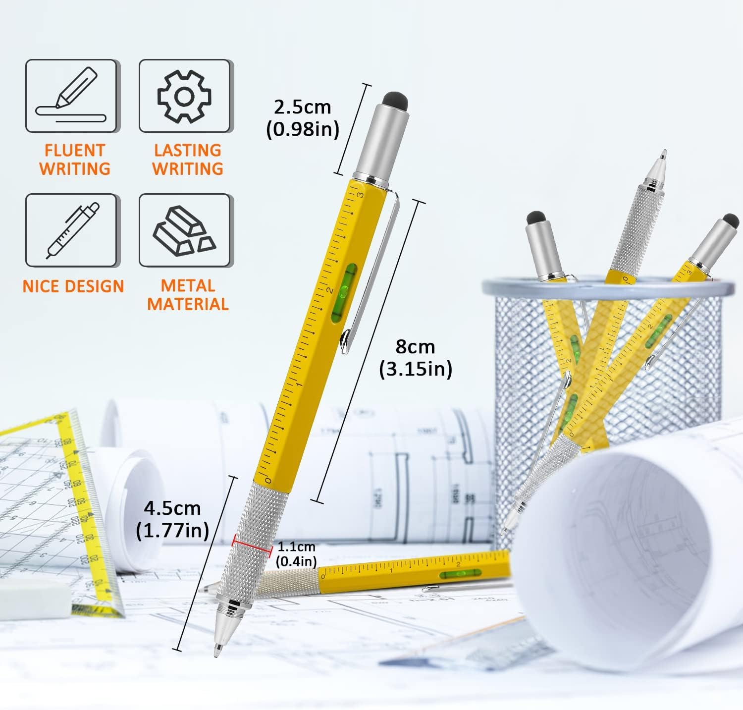 6-in-1 Multitool Pen with Stylus, Ruler, Level & Screwdriver - Includes 2 Refills - Durable Aluminum Construction - Perfect for Office, Construction, DIY & Everyday Carry (EDC)
