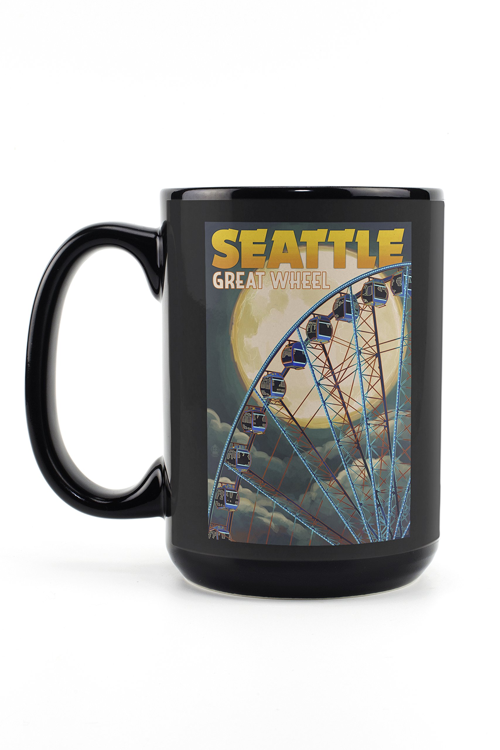 Lantern Press Seattle Washington The Great Wheel and Full Moon 15oz Black Ceramic Coffee Mug - Microwave & Dishwasher Safe - Perfect for Home, Office & Gift Giving