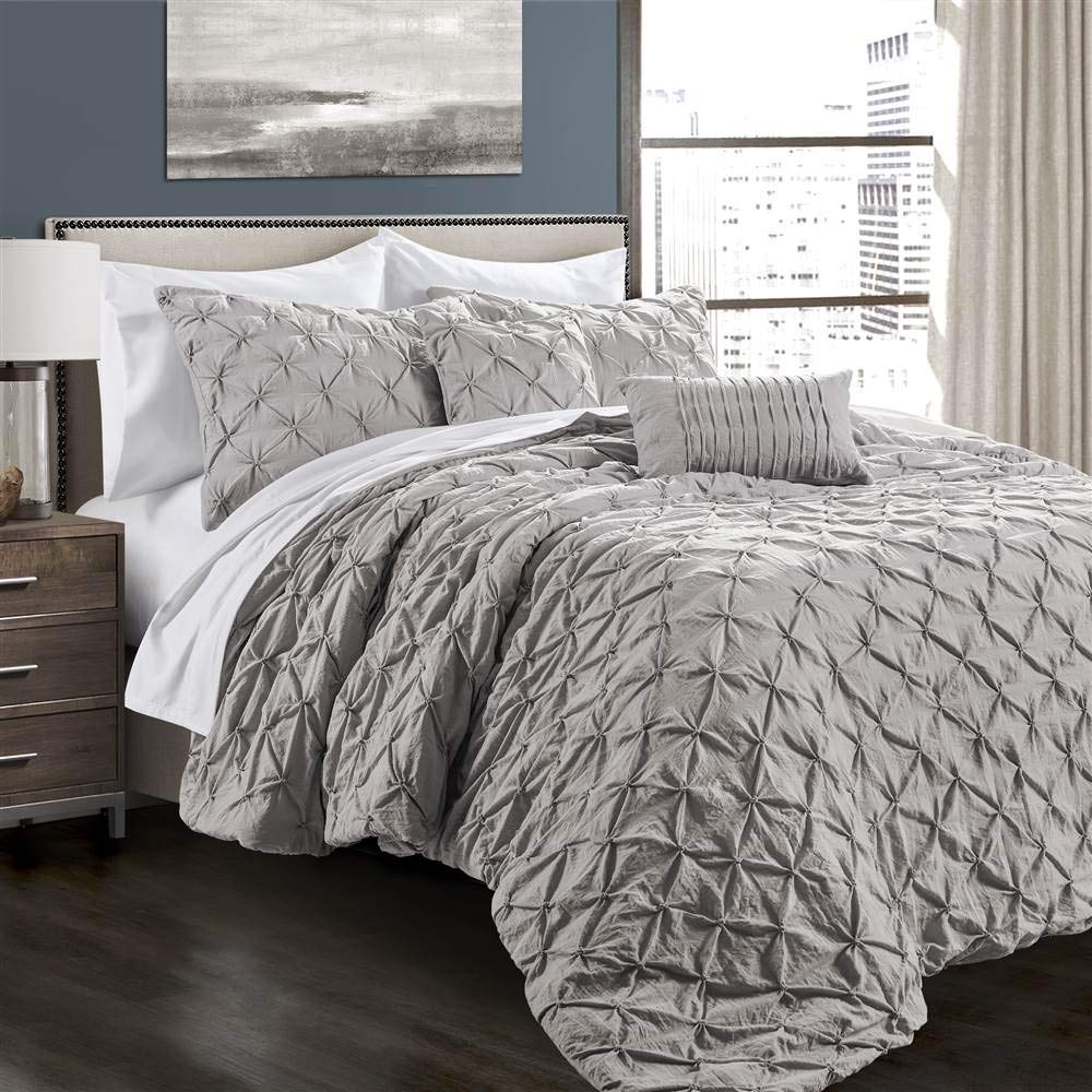 Luxury Lush Decor Ravello Pintuck Comforter Set - 5 Piece Textured Bedding Collection - Elegant Traditional Glam & Farmhouse Style - Full/Queen Size Light Gray - Perfect for Master Bedroom, Guest Room & Cozy Home Decor