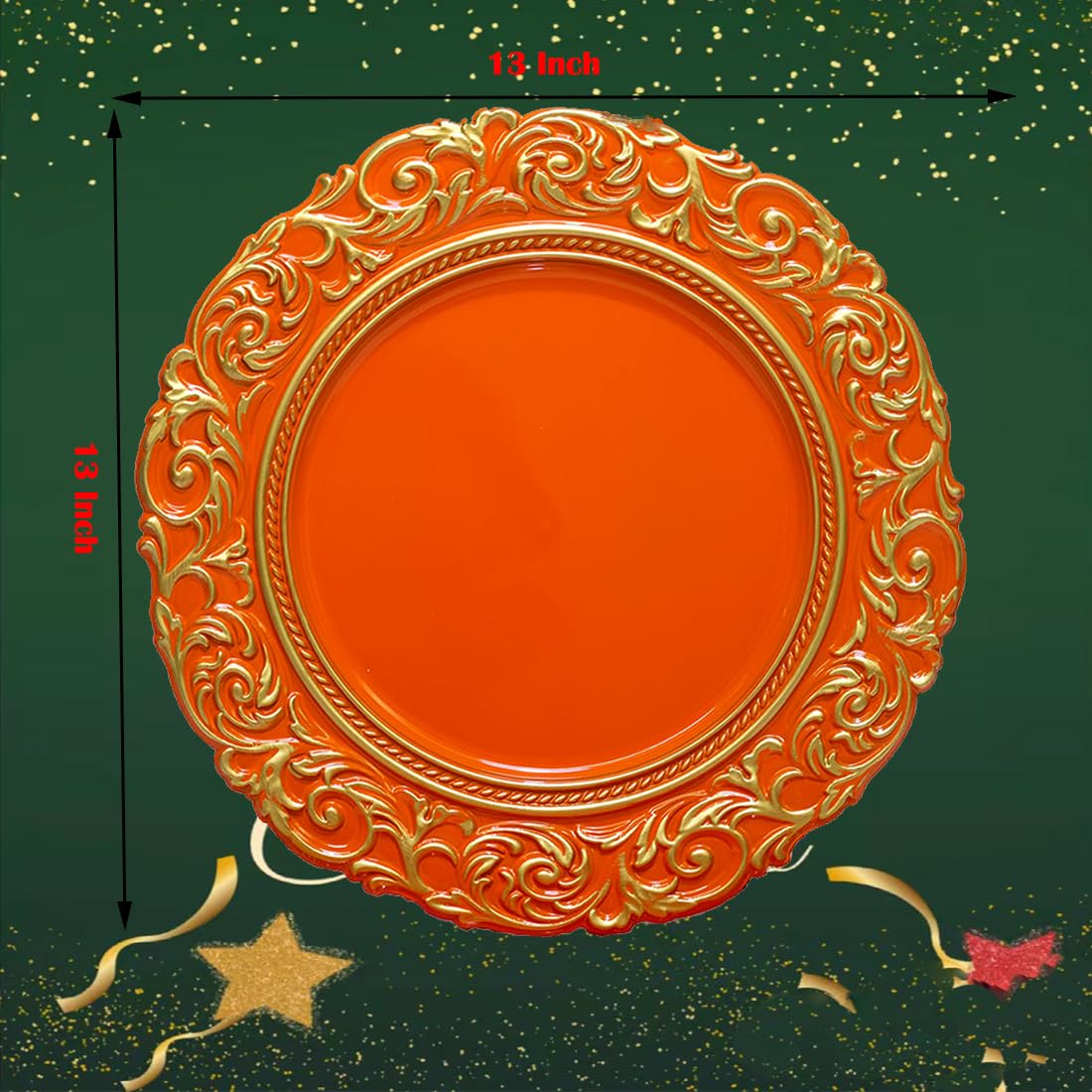 Gold Trimmed Orange Charger Plates - 13 Inch Elegant Plastic Dinner Plates for Wedding, Party & Formal Table Setting - Set of 6 - Perfect for Holiday Dinners, Buffet Displays & Upscale Events