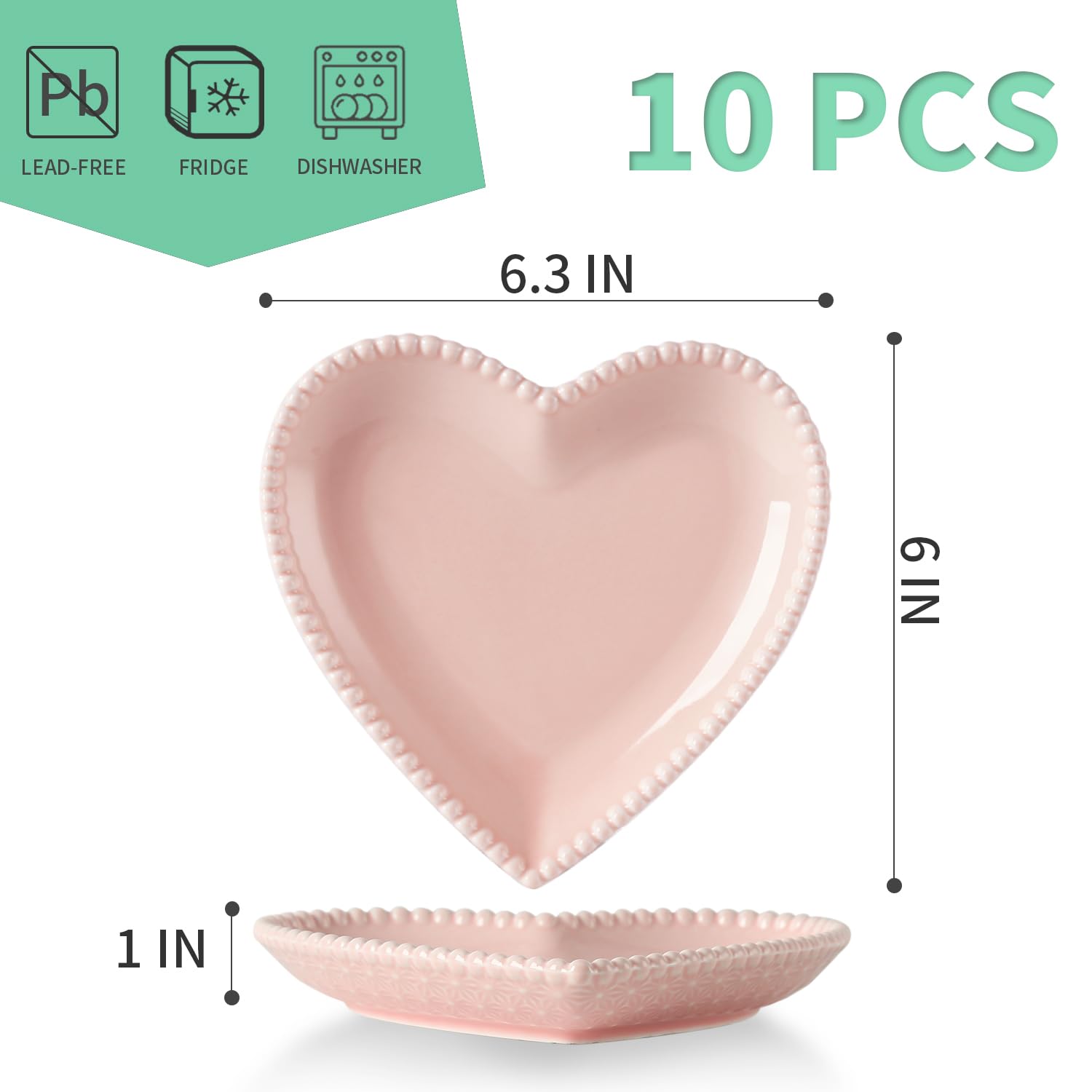 OMAYKEY 10-Pack 6.3 Inch Heart-Shaped Ceramic Plates - Microwave, Oven & Dishwasher Safe Dessert, Salad & Appetizer Plates for Cake, Snack, Ice Cream - Elegant Pink Porcelain Dinnerware Set for Parties, Romantic Dinners & Home Decor