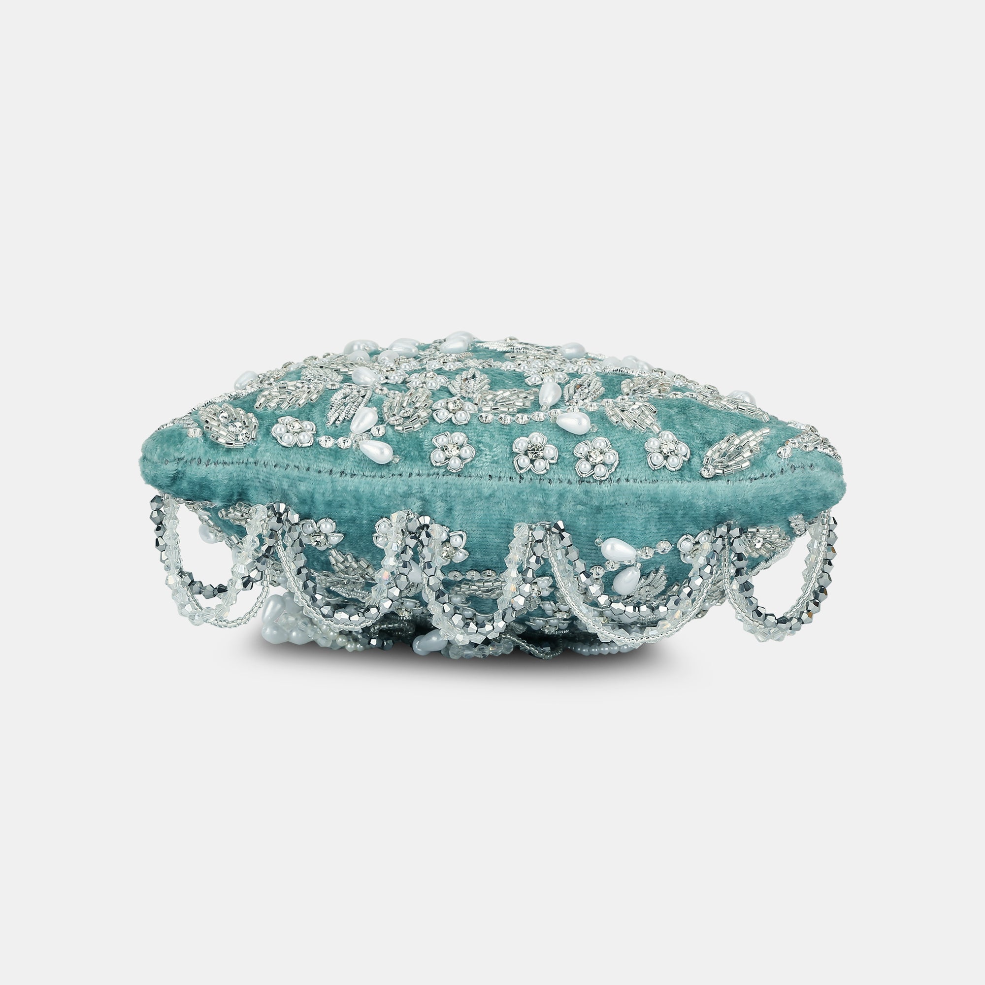 Lavie Luxe Silver Beaded Medium Potli Bag for Women - Elegant Rose Design, Perfect for Weddings, Parties & Festive Occasions