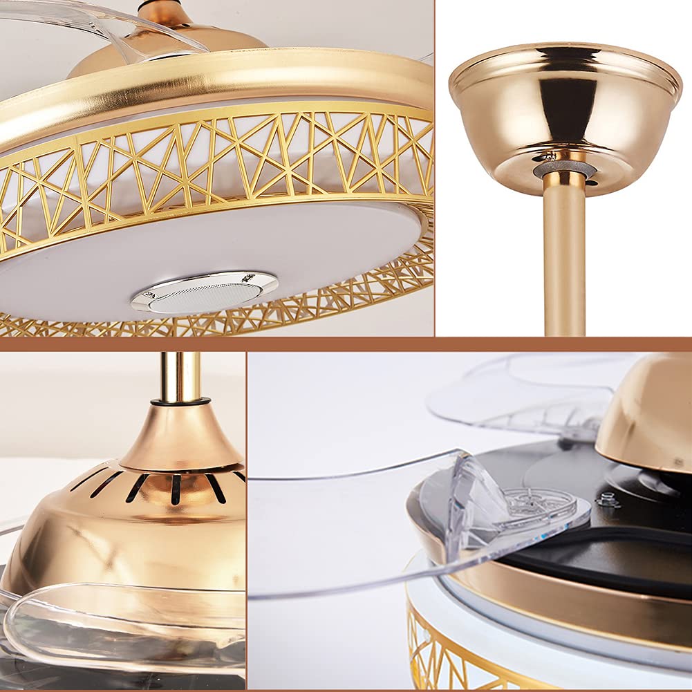 42 Inch Gold LED Ceiling Fan with Light and Remote - 3-Speed Retractable Blades, Bluetooth Music Control - Perfect for Bedroom, Living Room, Restaurant, and Hall Decor