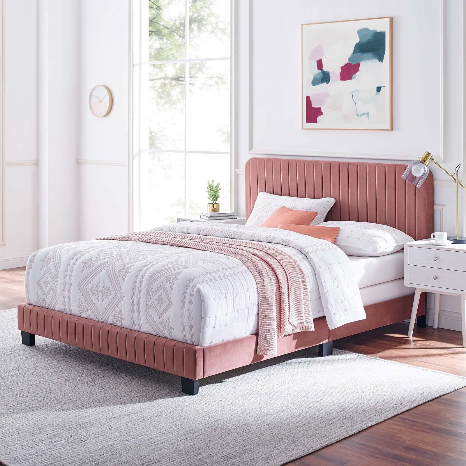 Modway Celine Channel Tufted Performance Velvet Queen Bed Frame in Dusty Rose - Luxurious Upholstered Platform Bed for Modern Bedrooms
