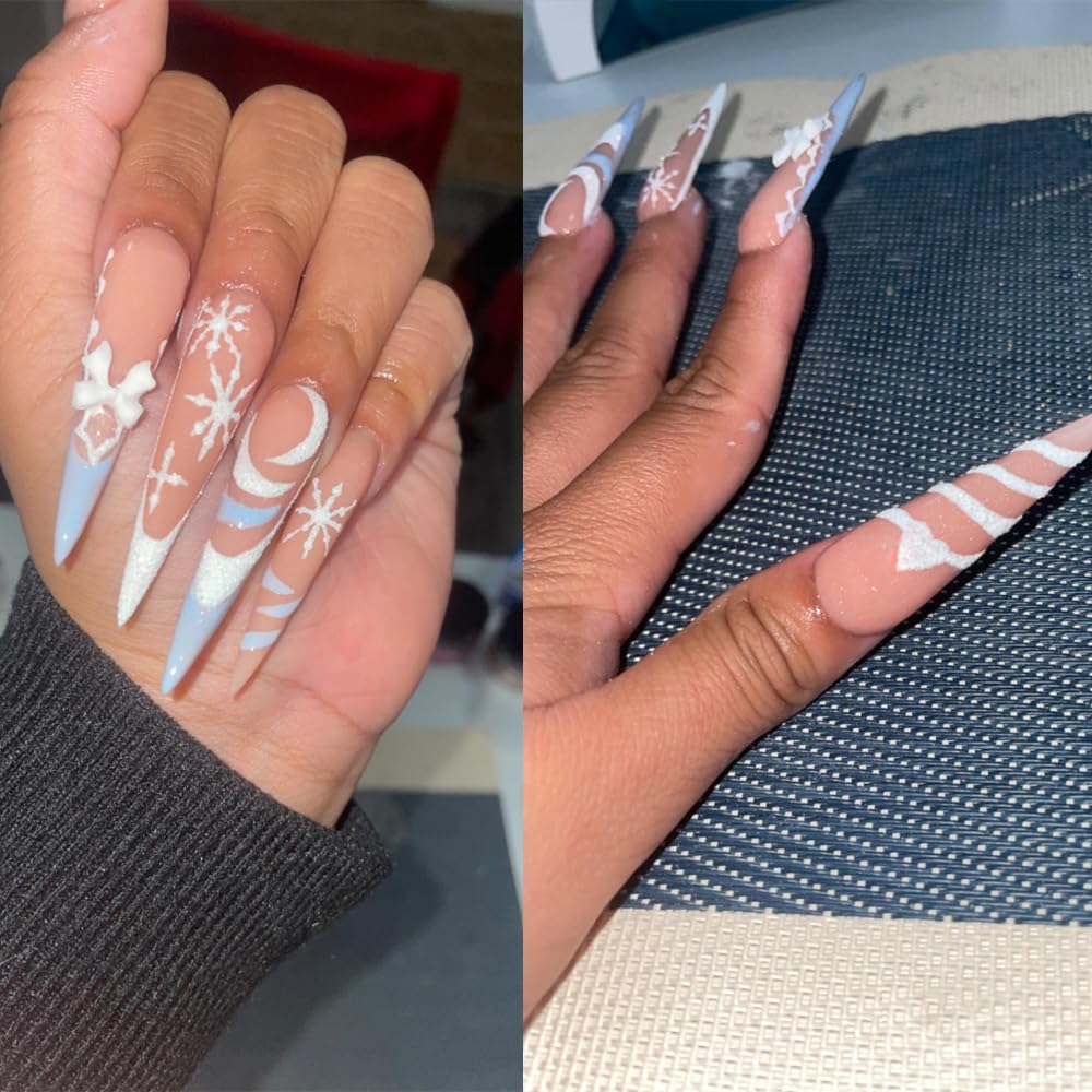 10g White Snowflake Glitter Nail Tips with Diamond Design - Acrylic Nail Glitter Sequins for Winter Nail Art, Party & Special Occasion Manicures