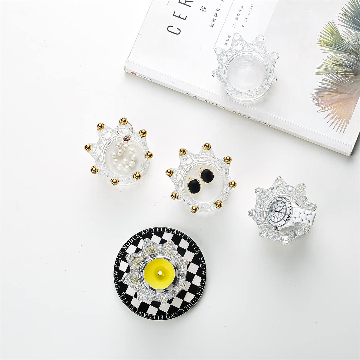 Elegant Crown-Shaped Crystal Glass Candle Holder Set of 2 - Perfect for Makeup Sponge Storage, Jewelry Display, Watch & Nail Art Organization | Wedding & Christmas Decor for Home, Party, and Gift Giving