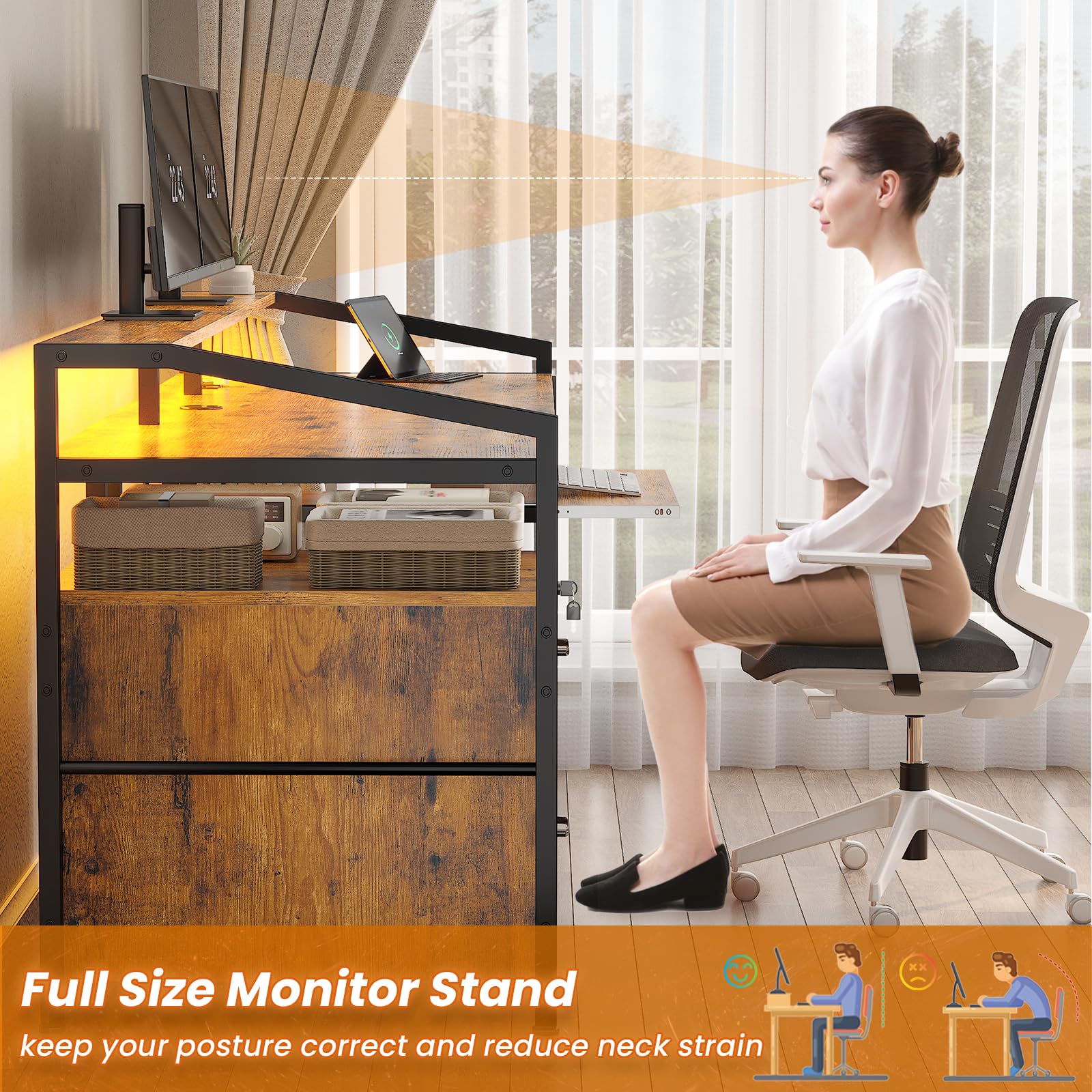 SEDETA 63 Inch Rustic Brown Computer Desk with LED Lights & Power Outlet - Home Office Desk with Lockable File Drawers for Legal/Letter Size, Gaming Desk for PC Setup - Perfect for Small Spaces, Work from Home & Gaming Stations
