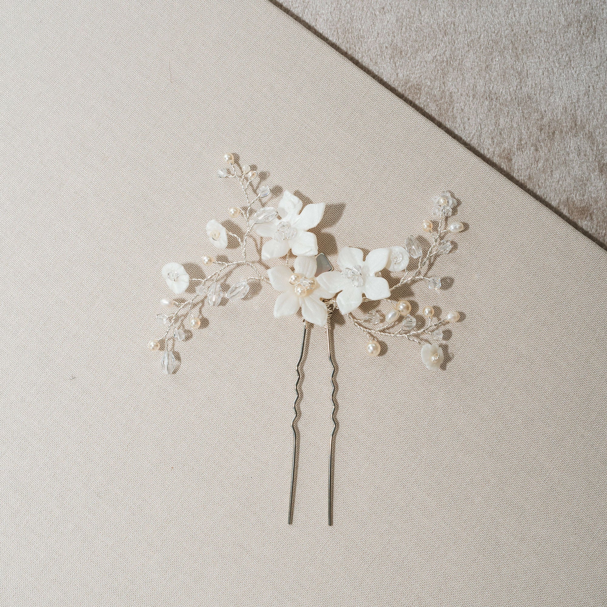 Silver Clematis Blossom and Sprigs Hair Pin - Elegant Floral Hair Accessory for Weddings, Parties & Everyday Wear