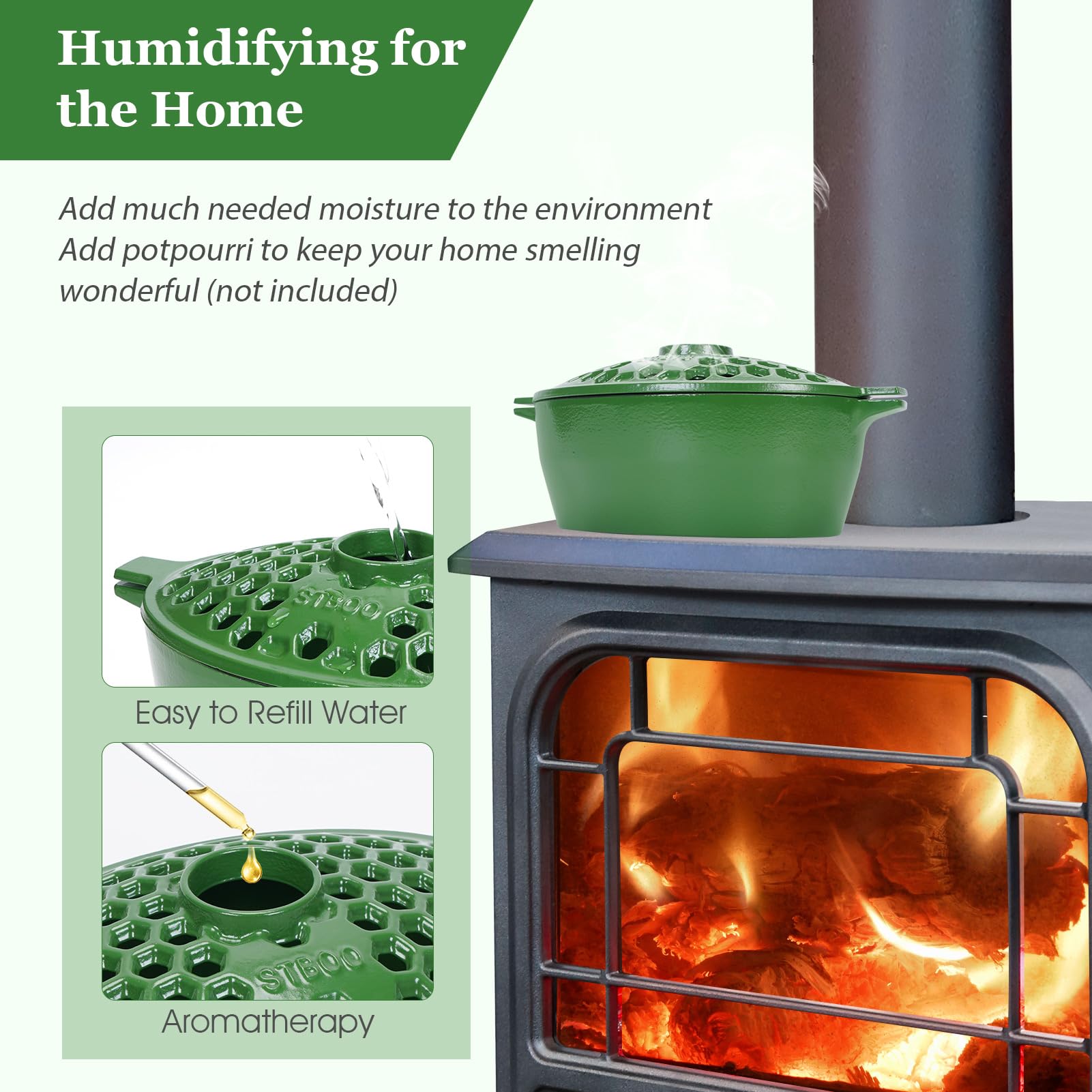 STBoo Wood Stove Steamer - 2.7 Quart Cast Iron Humidifier for Fireplace | Rust-Resistant Matte Finish Indoor Heating Pot | Decorative Bowl Cover Accessory for Home | Perfect for Winter Dry Air Relief & Cozy Fireplace Ambiance