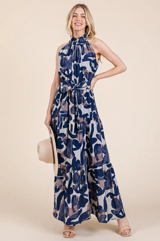 Elegant Halter Neck Tie Waist Tiered Maxi Dress for Women | Summer Beach Vacation Resort Wear | Perfect for Pool Parties, Tropical Getaways and Evening Dinners